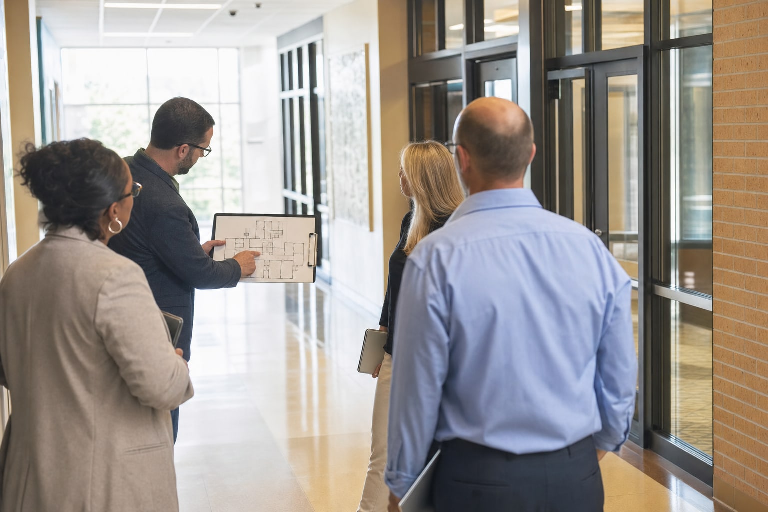 School staff reviewing entry and transition areas during a walkthrough