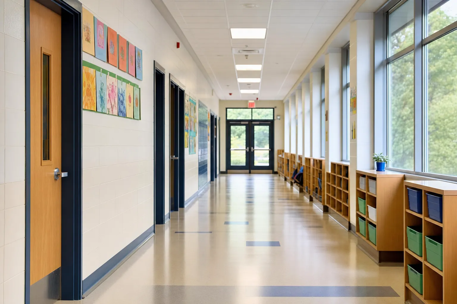 Empty school corridor with classroom doors and daylight