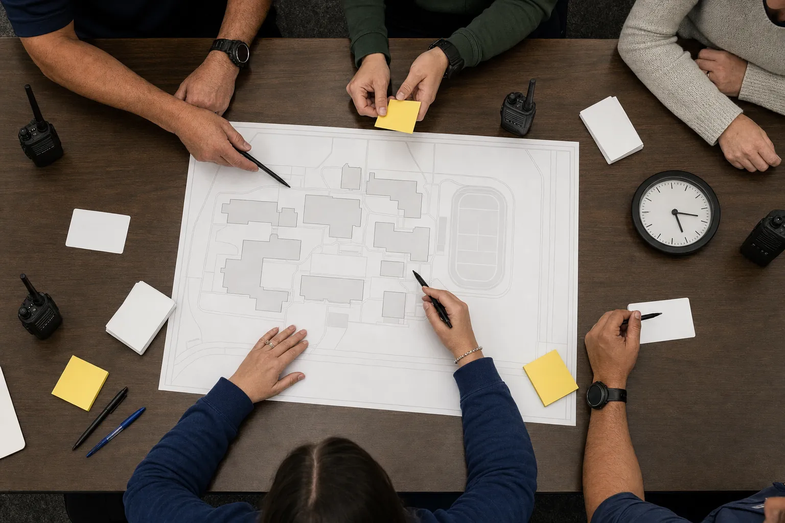 School staff conducting a tabletop communication exercise around a campus map