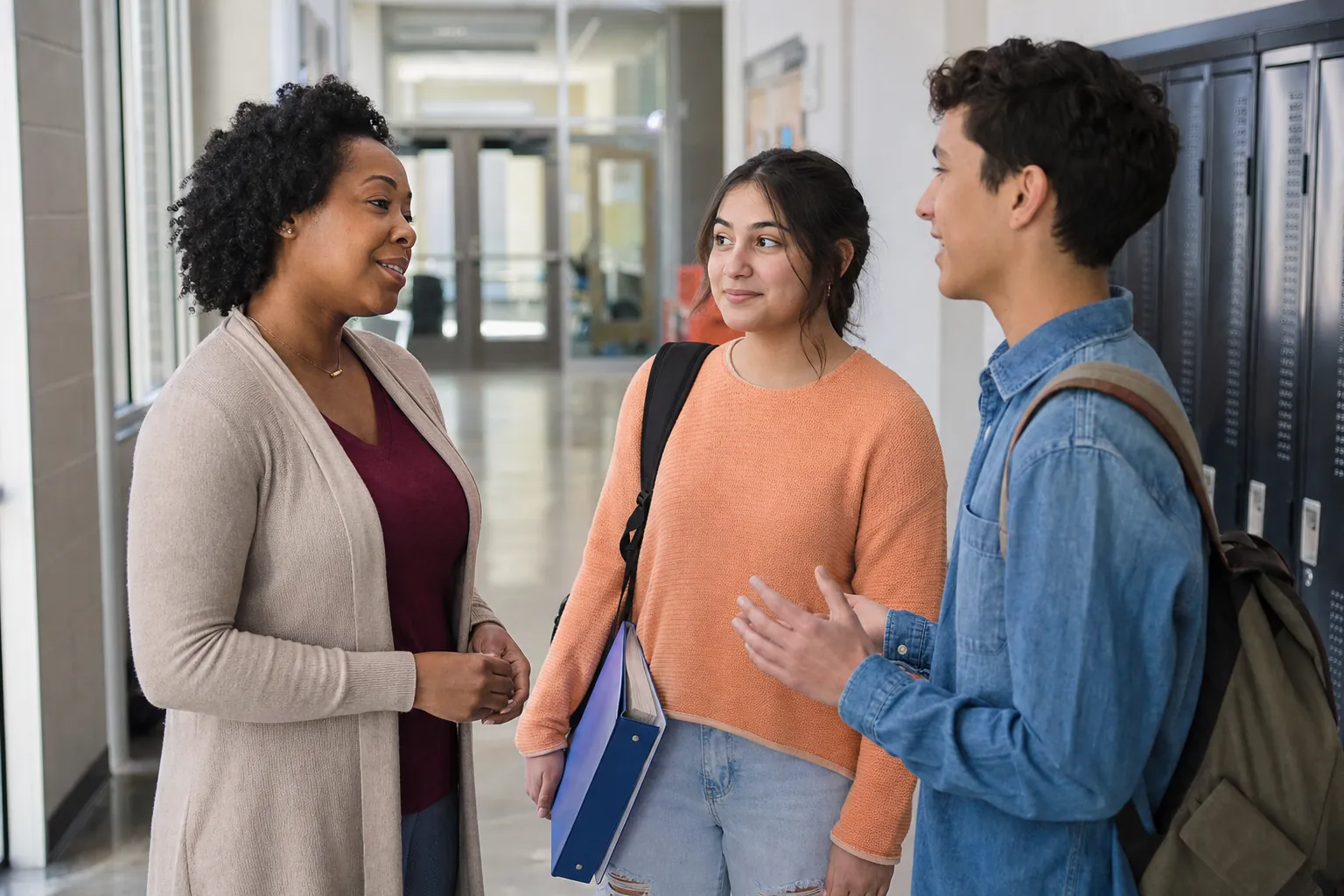 An educator listening to two students in a high school hallway