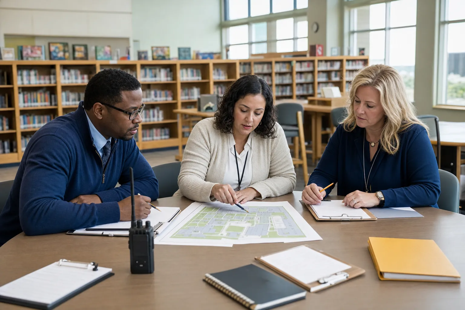 School leaders reviewing a campus map and planning materials in a library