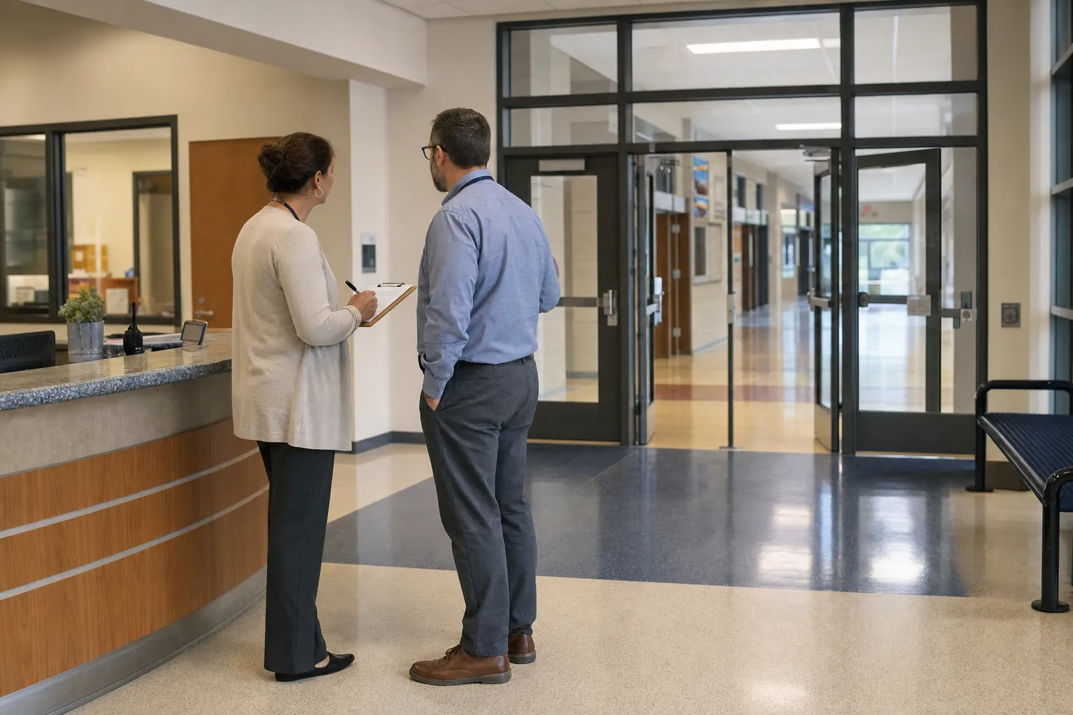 Two school staff members reviewing the main school entrance and visitor desk