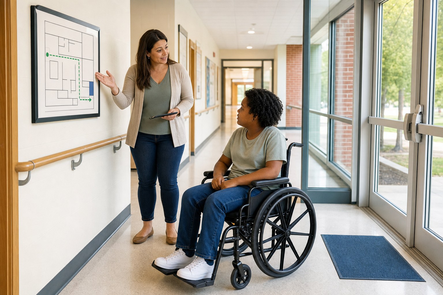 Educator reviewing an accessible school route with a student who uses a wheelchair