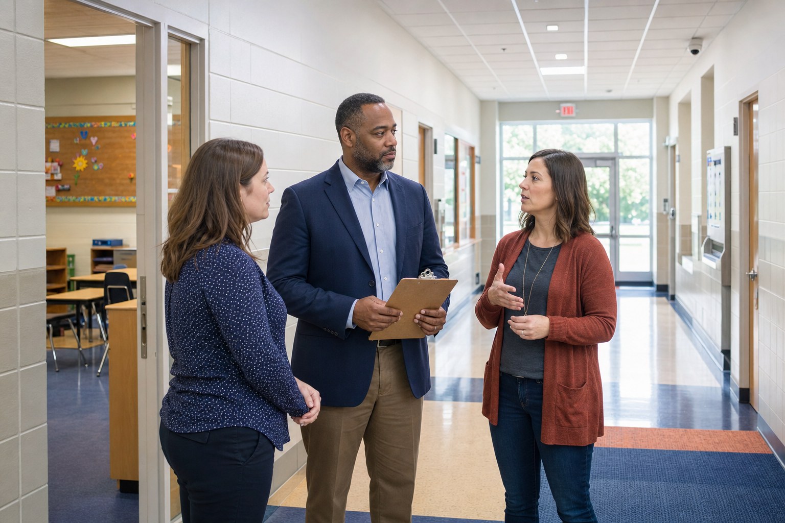 Three school leaders discussing a preparedness walkthrough in a hallway