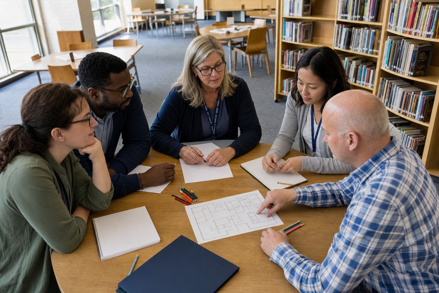 School staff planning a safety practice around a library table