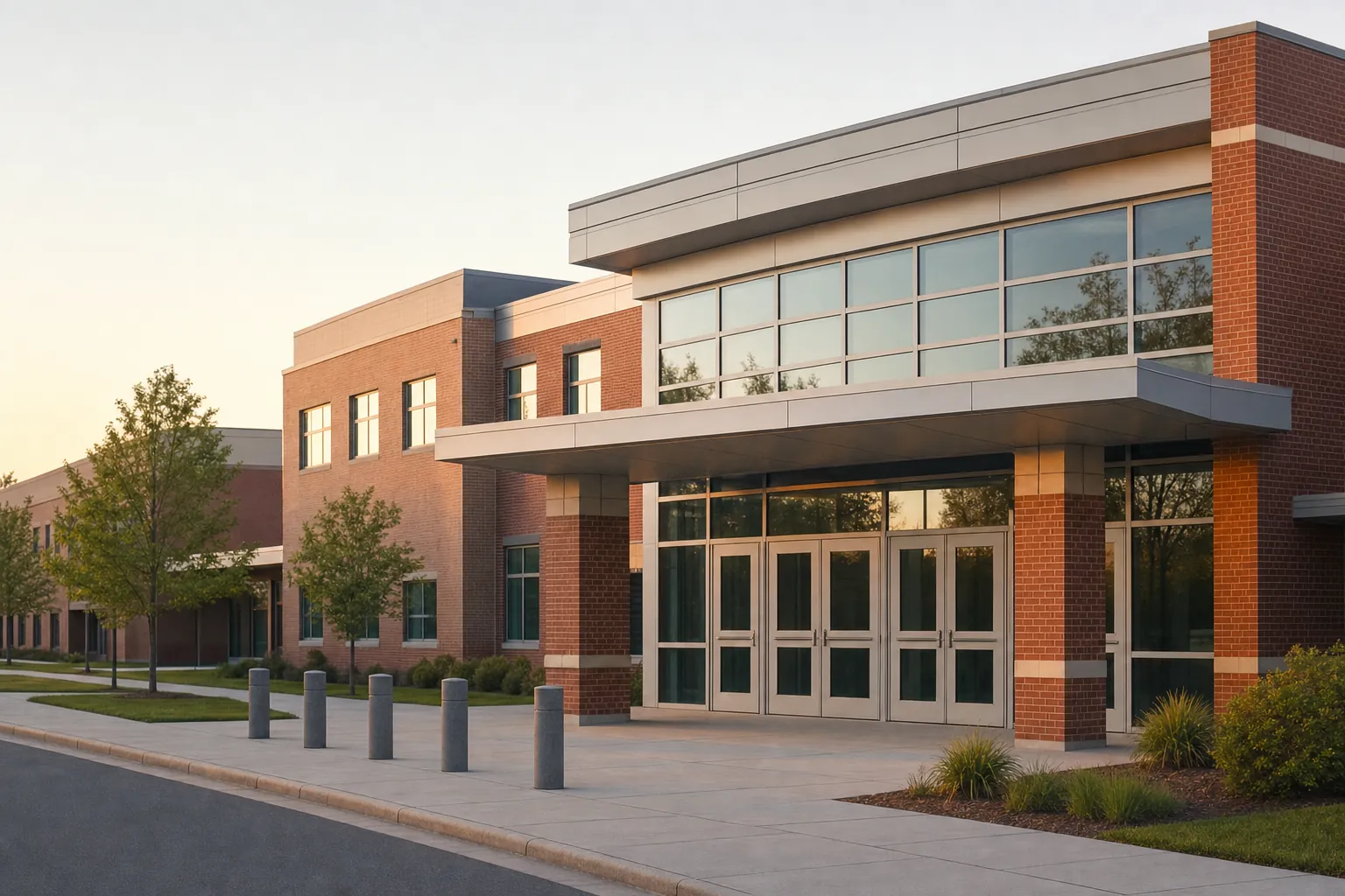 Modern school entrance in early morning light