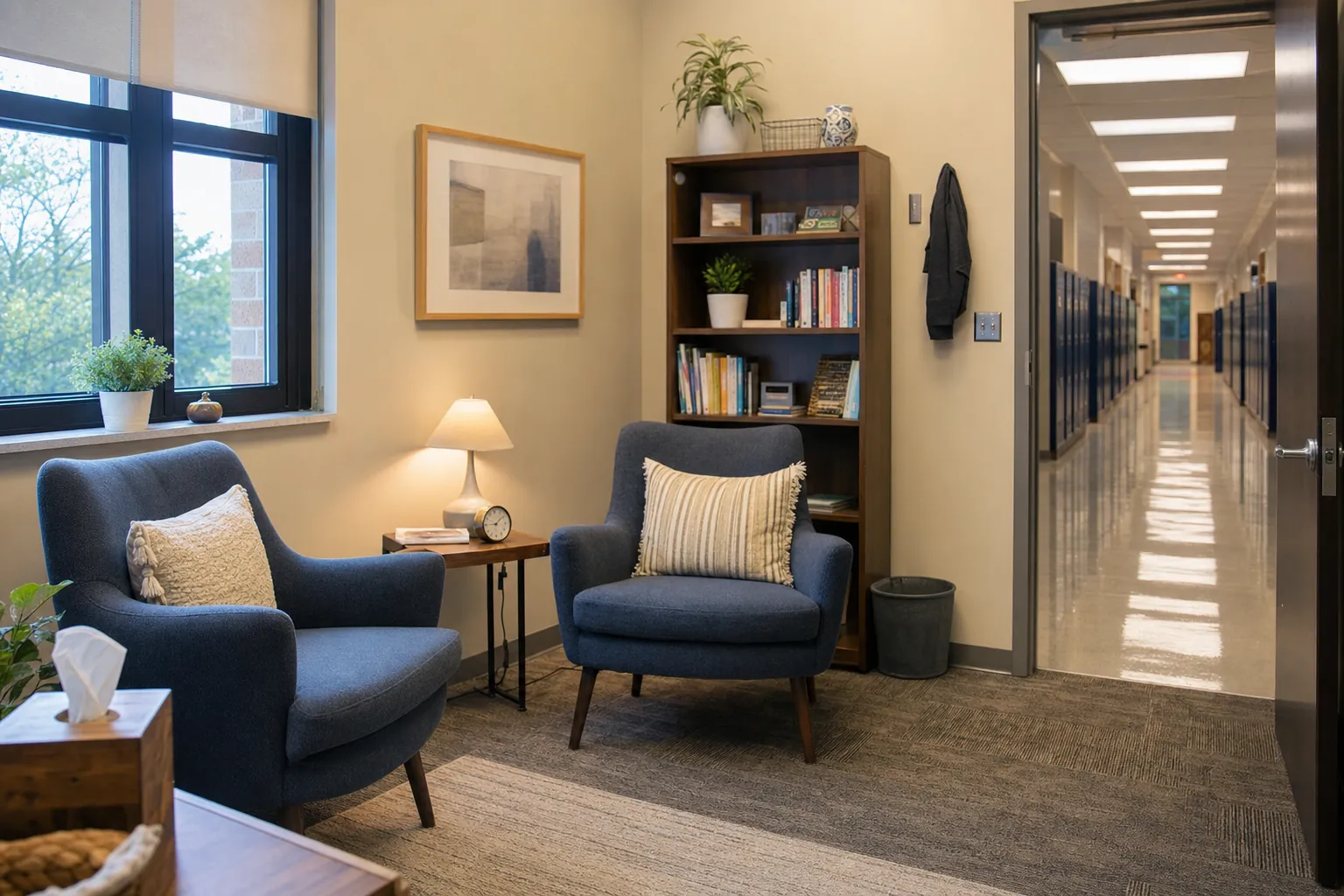 Welcoming school counseling room with two chairs and an open doorway to a hallway