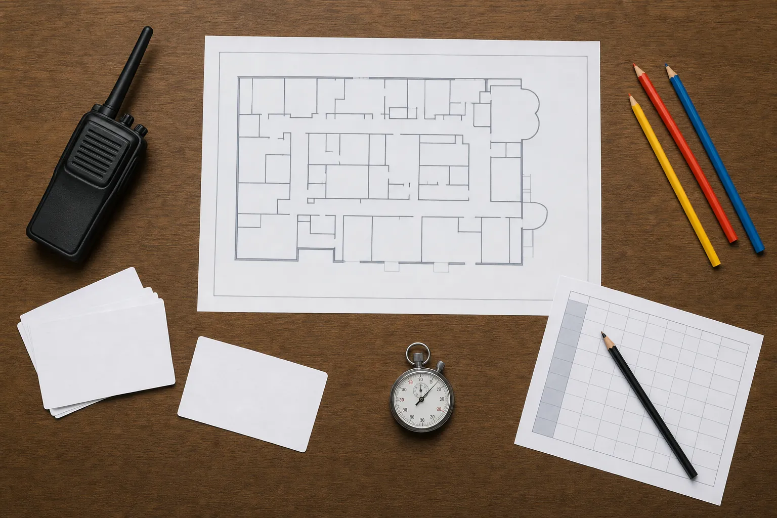 Top-down view of a school floor plan, communication radio, pencils, note cards, and planning materials