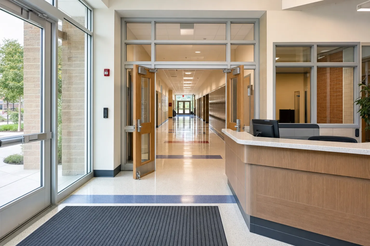 School entrance with visitor desk, interior doors, and clear hallway