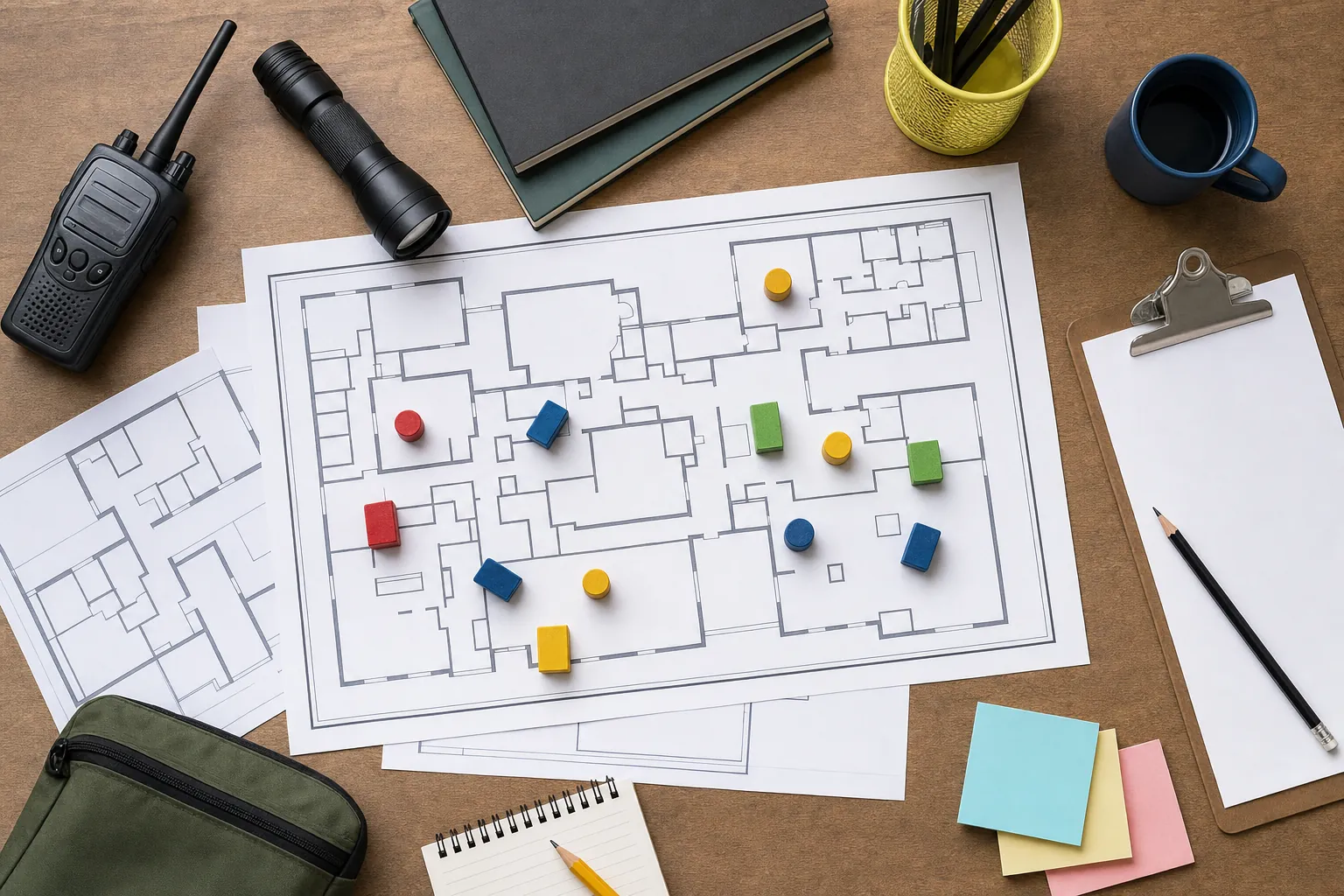 Planning materials, campus maps, and colored markers arranged on a table