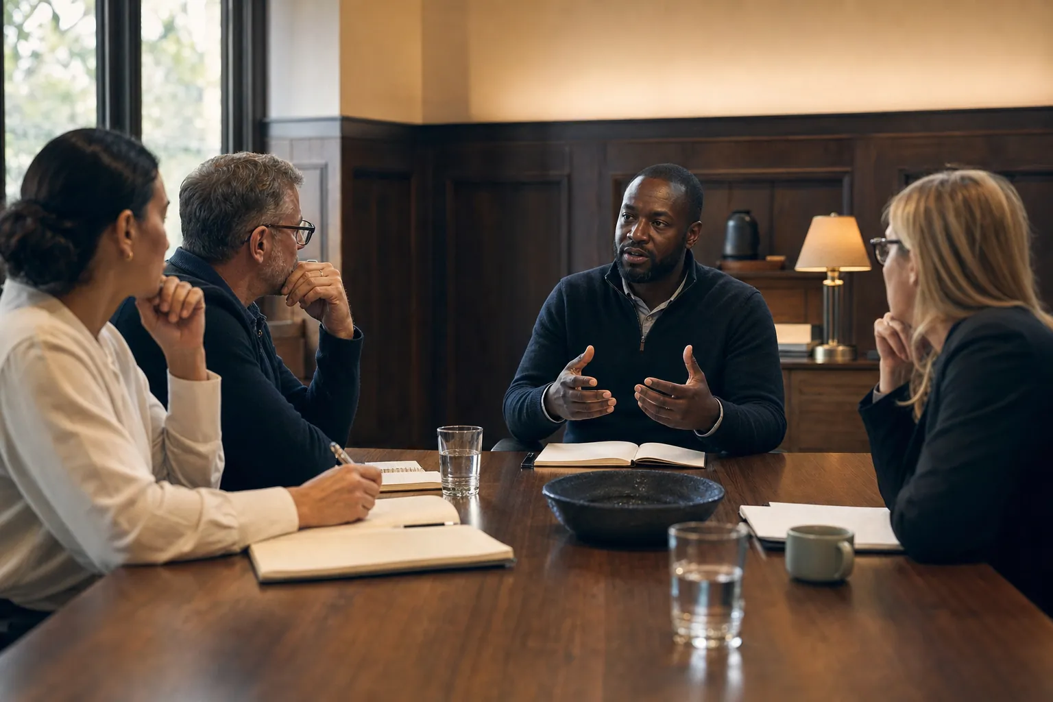 Dr. Spells in conversation with a group around a table