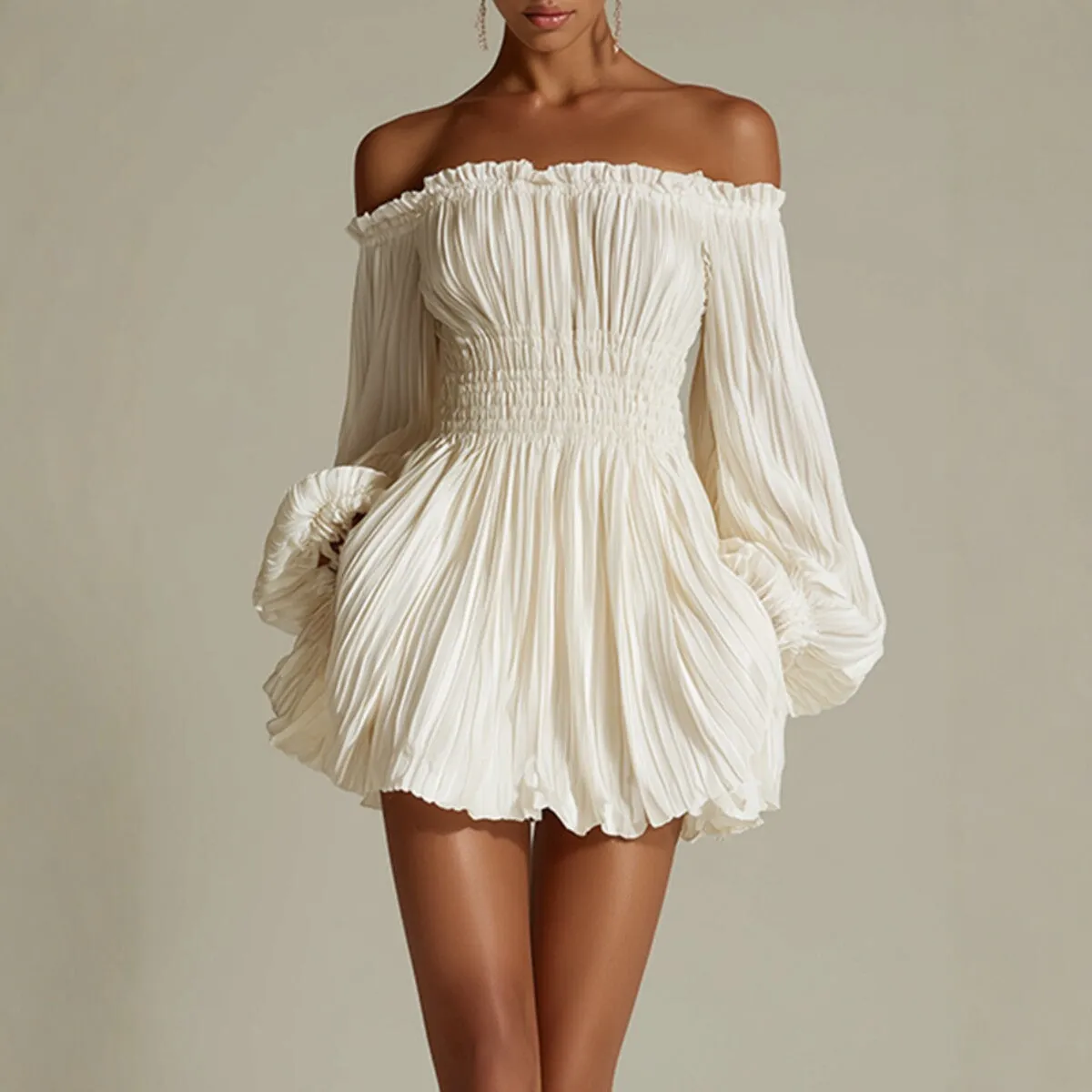 Elegant One-Shoulder Pleated Fitted Long Sleeve Dress for Women