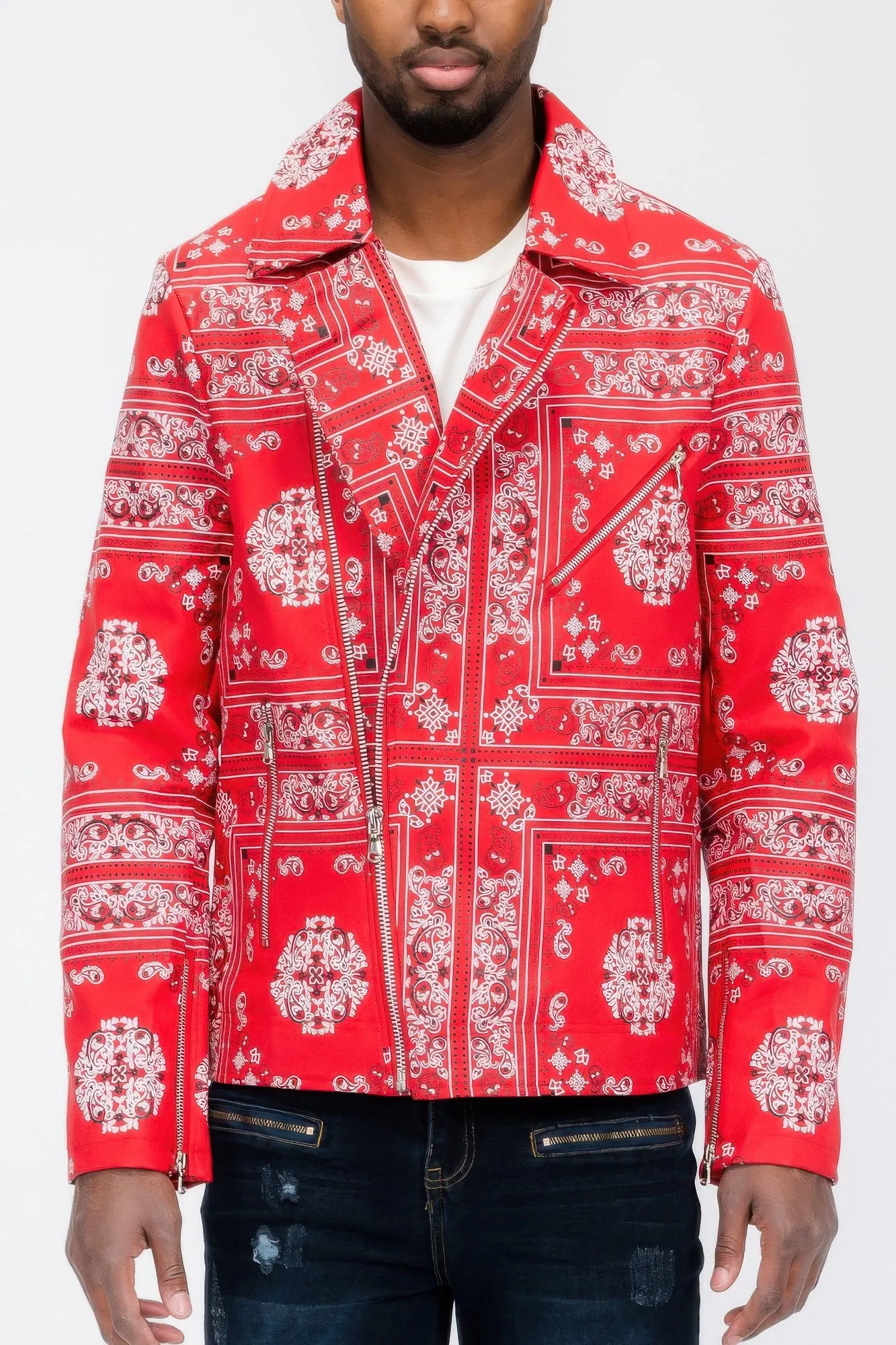 Golden Heir | Bandana Print Vegan Leather Jacket