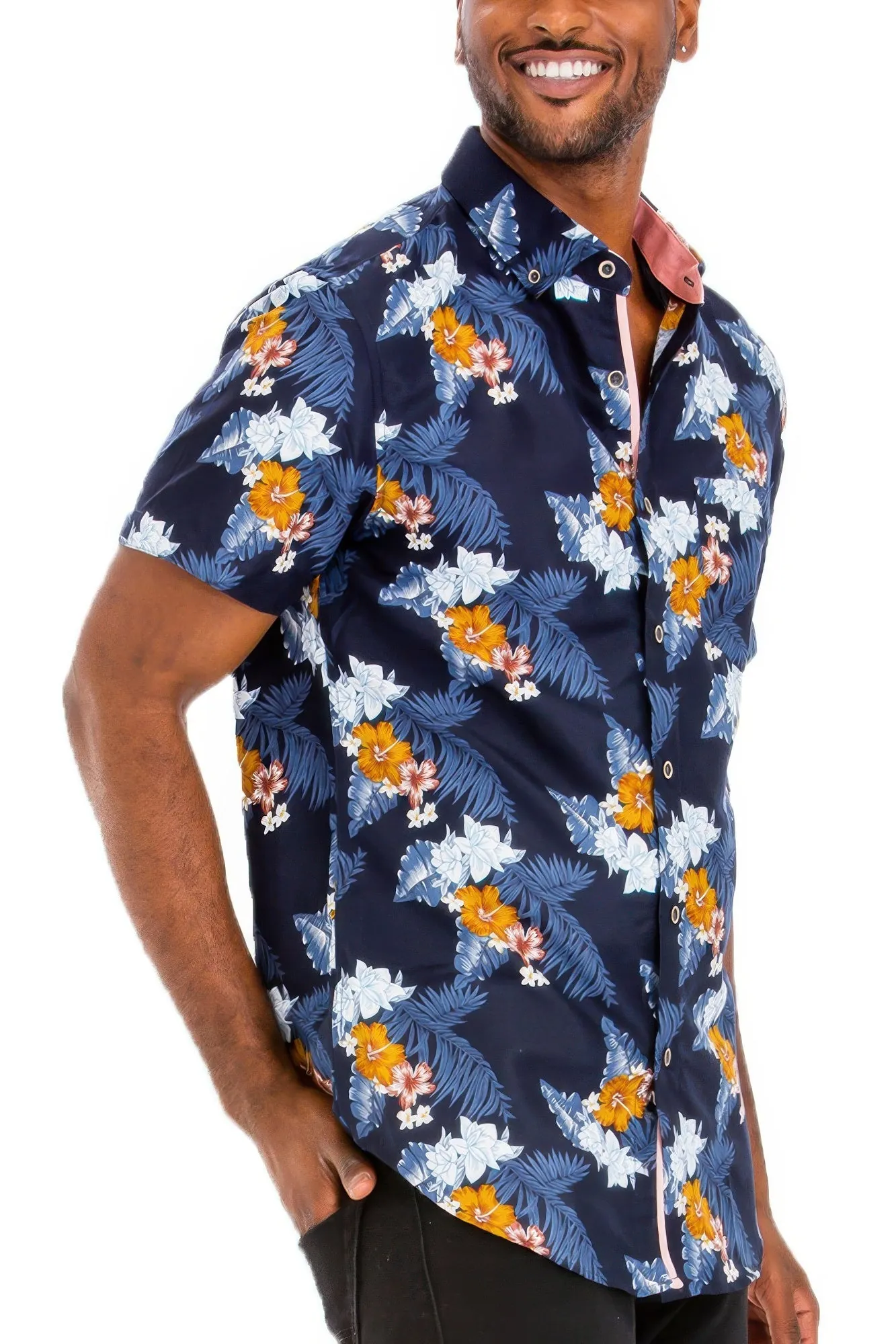 Golden Heir | Hawaiian Print Button Down Shirt – Men's Print Shirt (Blue)
