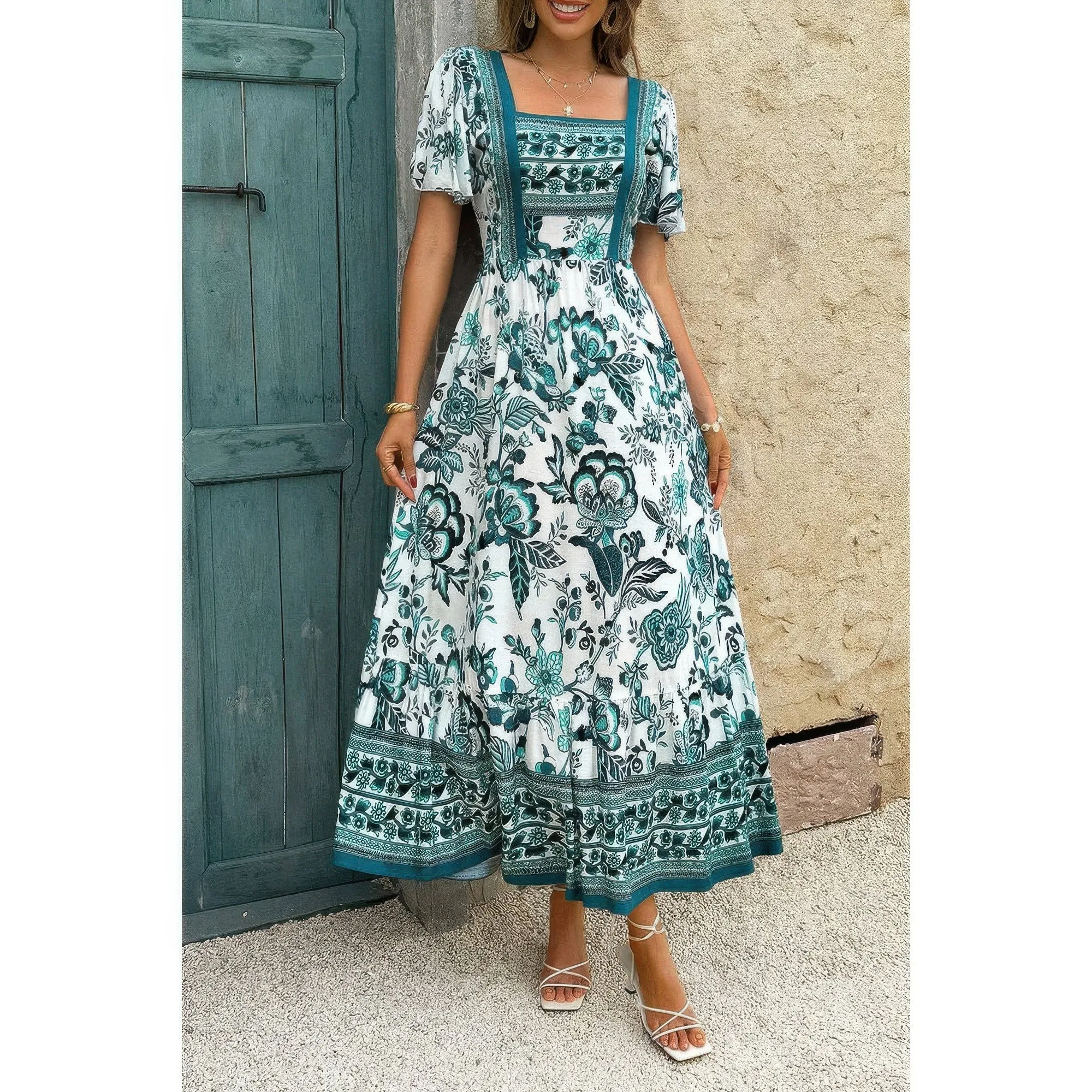 Golden Heir | Square Neck Floral Ankle-Length A-Line Dress