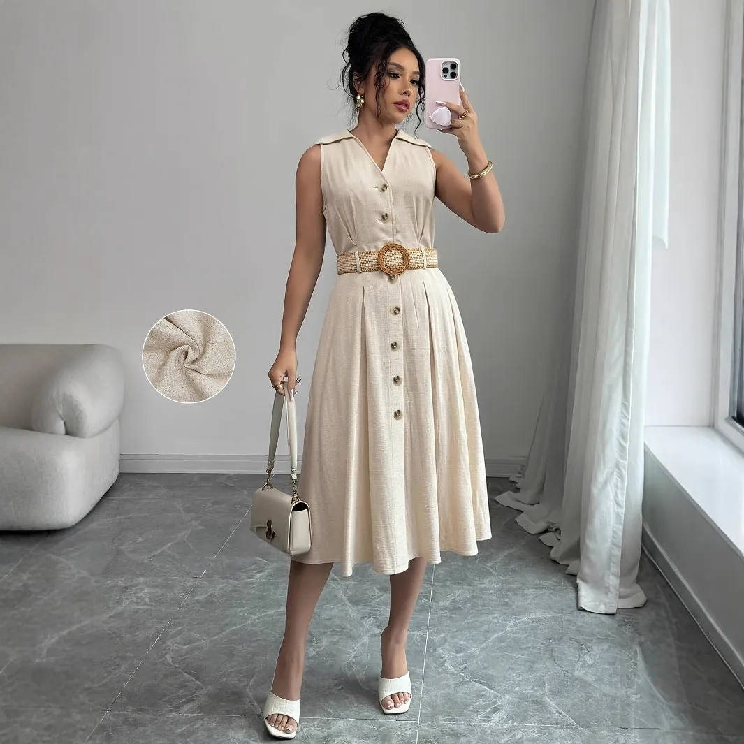 V-neck sleeveless breasted waistband A hem shirt dress for women