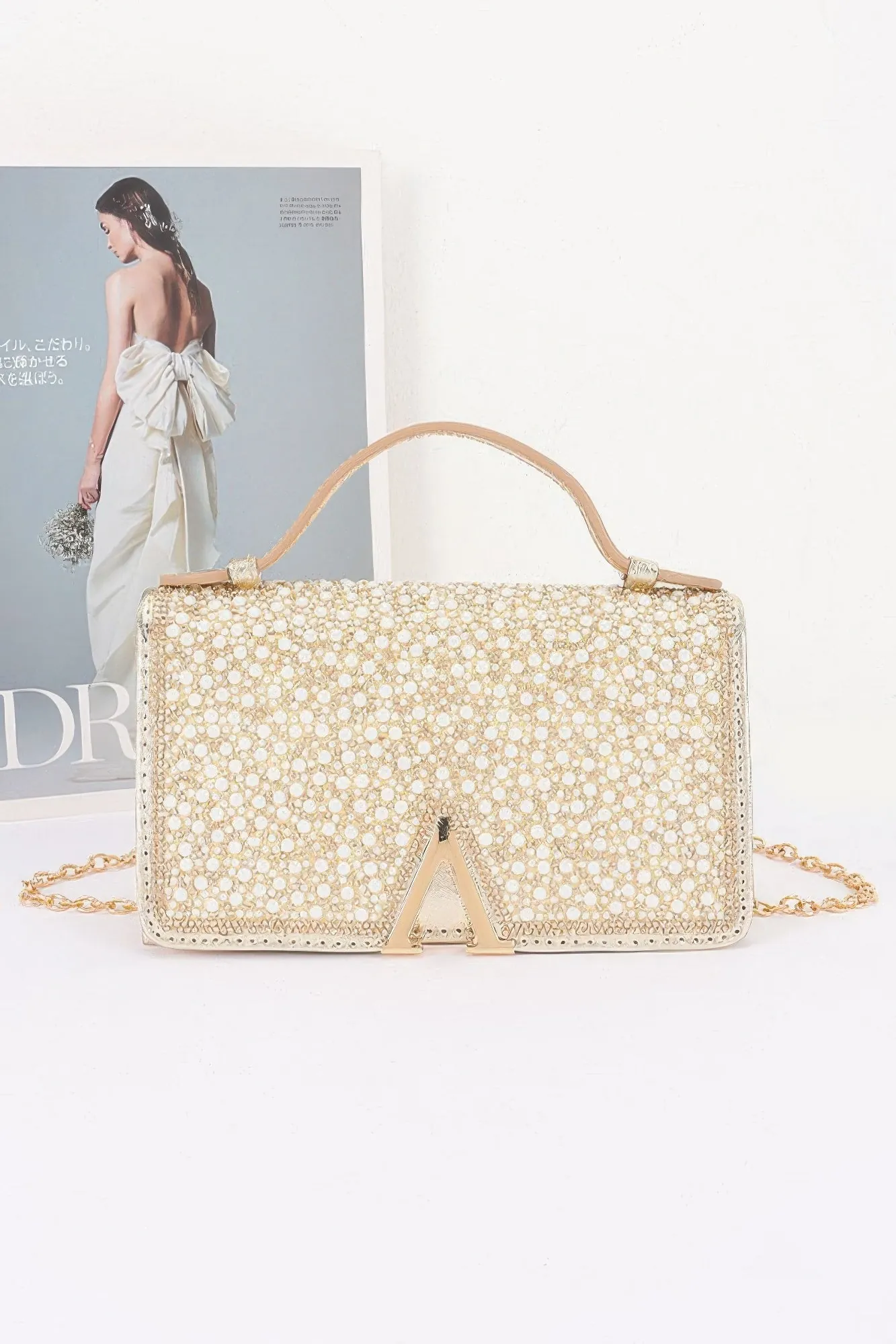 Rhinestone And Pearl Flap Clutch
