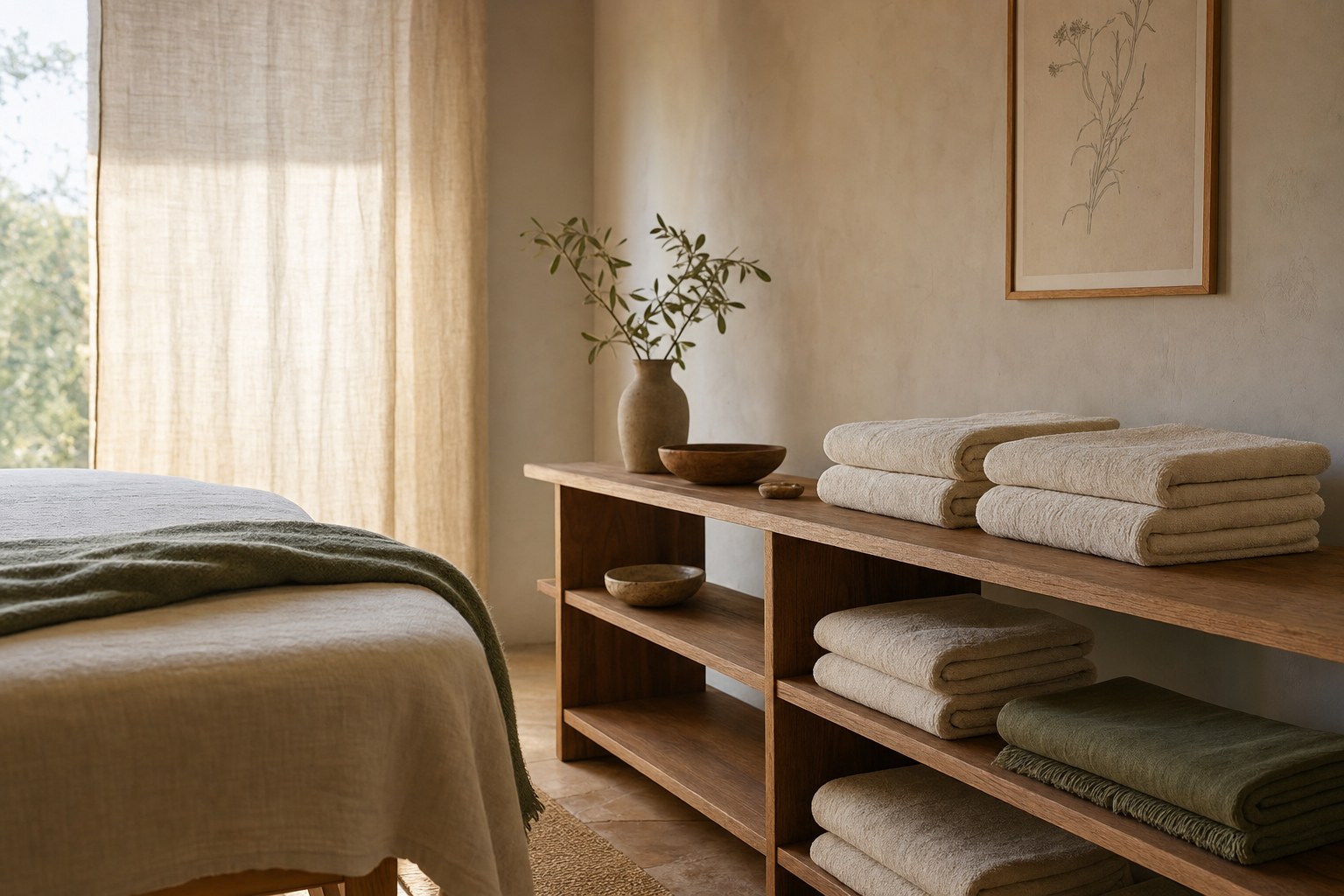 A quiet bodywork room prepared with linen and warm wood