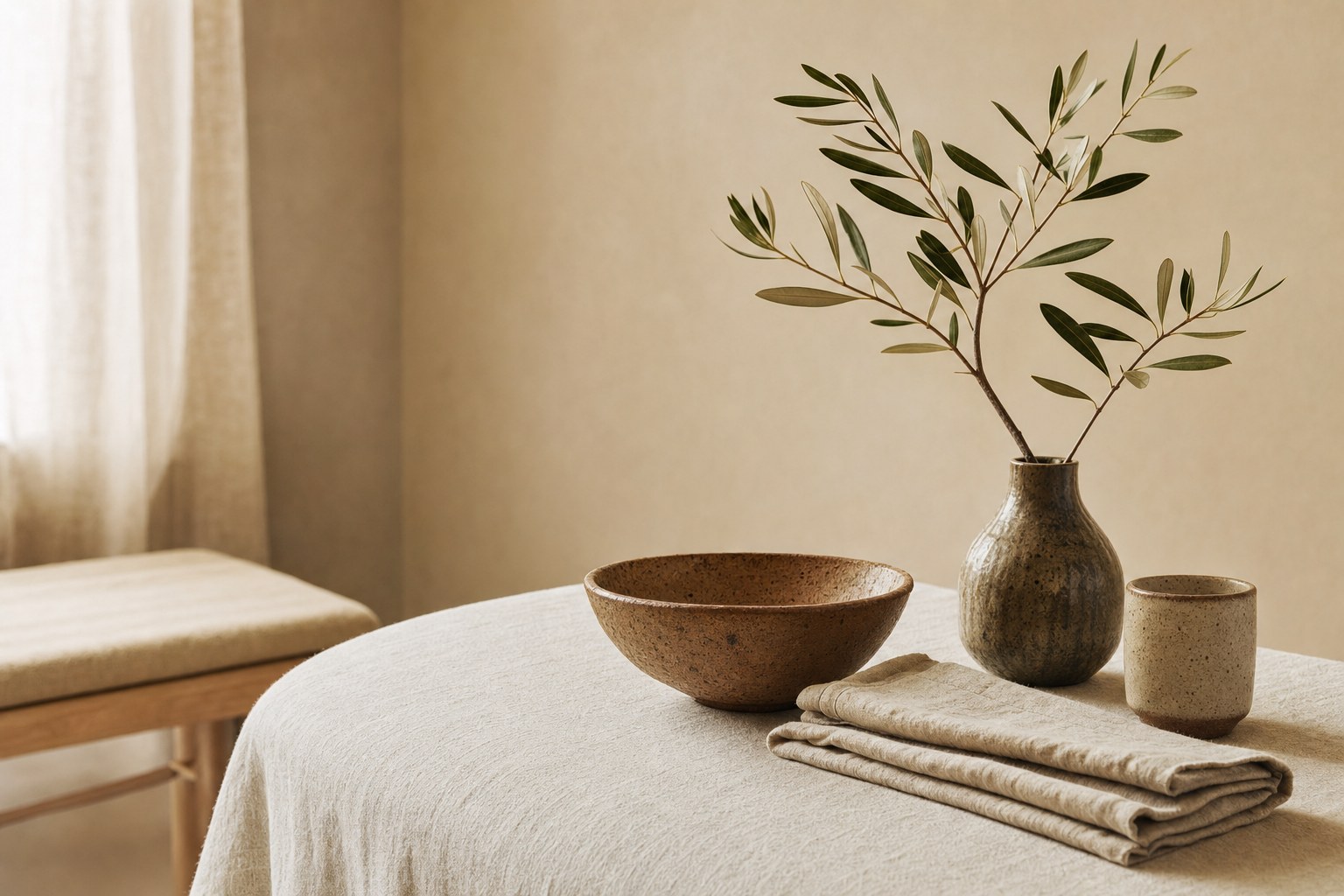 Linen, pottery, and an olive branch in a calm treatment space