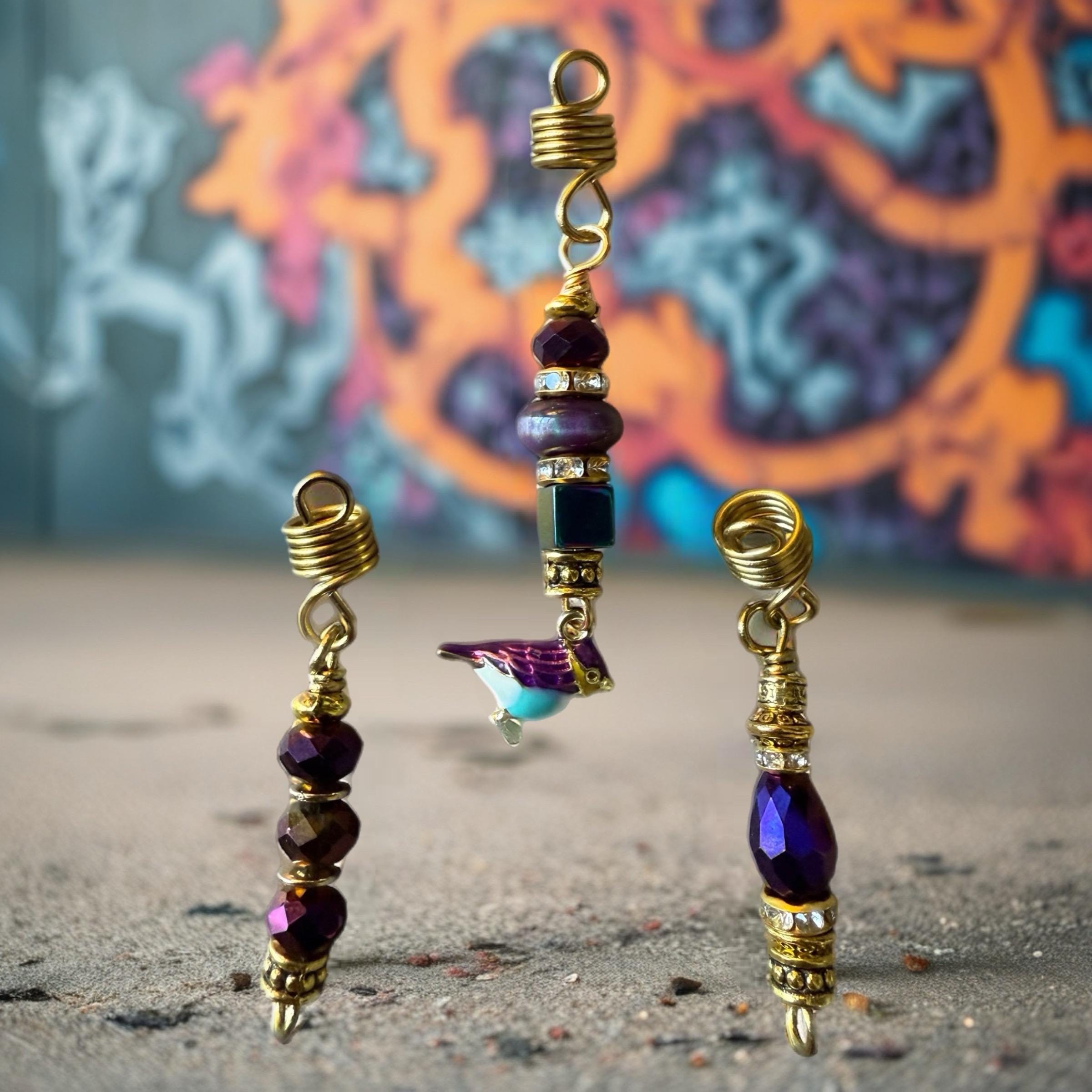 Handmade purple and gold beaded loc jewelry set