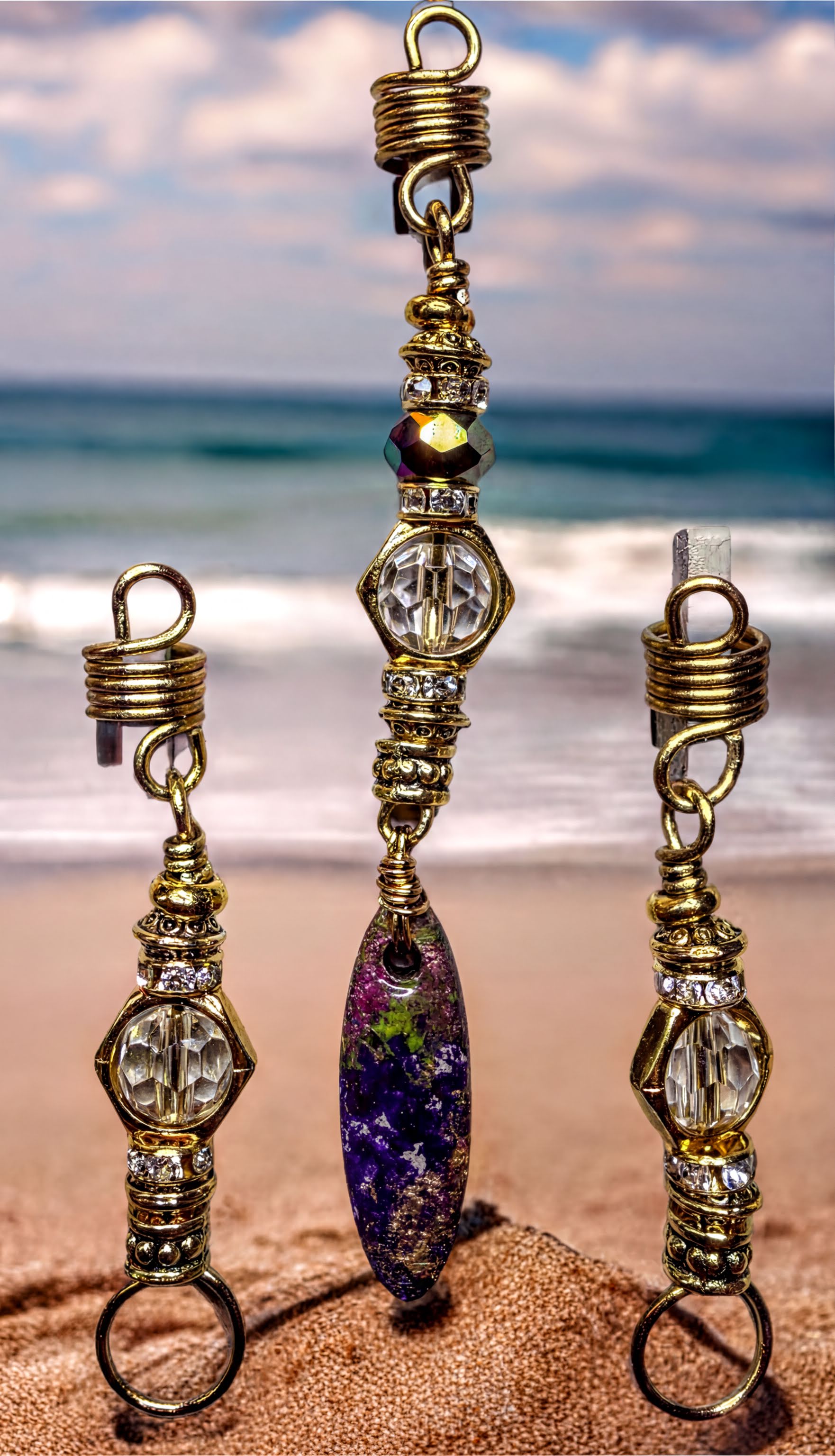 Hand-painted Color Splash wood charms with gold wire details for locs