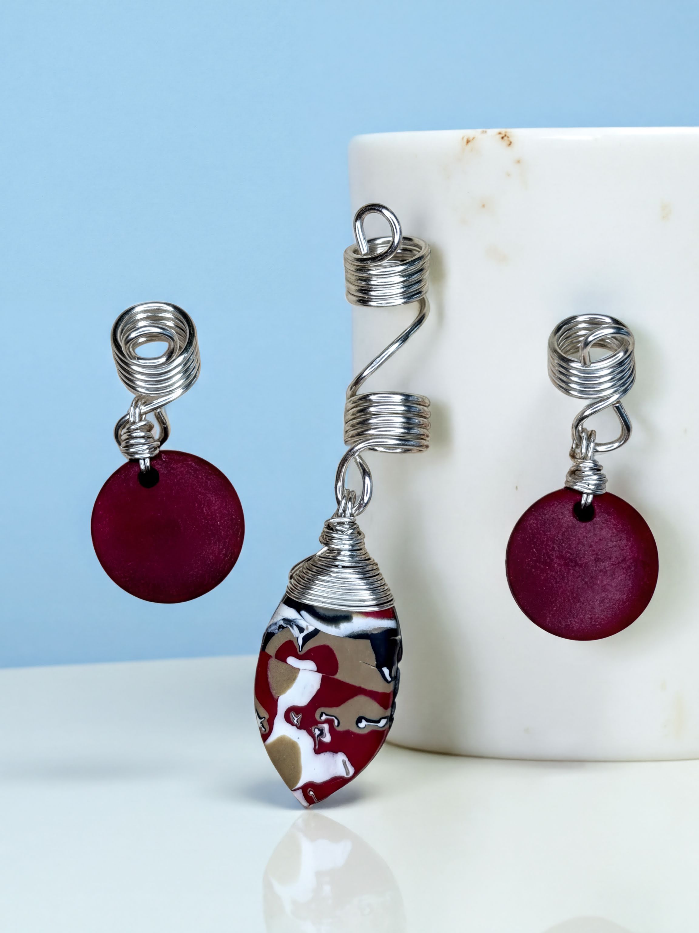 Handmade crimson swirl loc and braid jewelry set