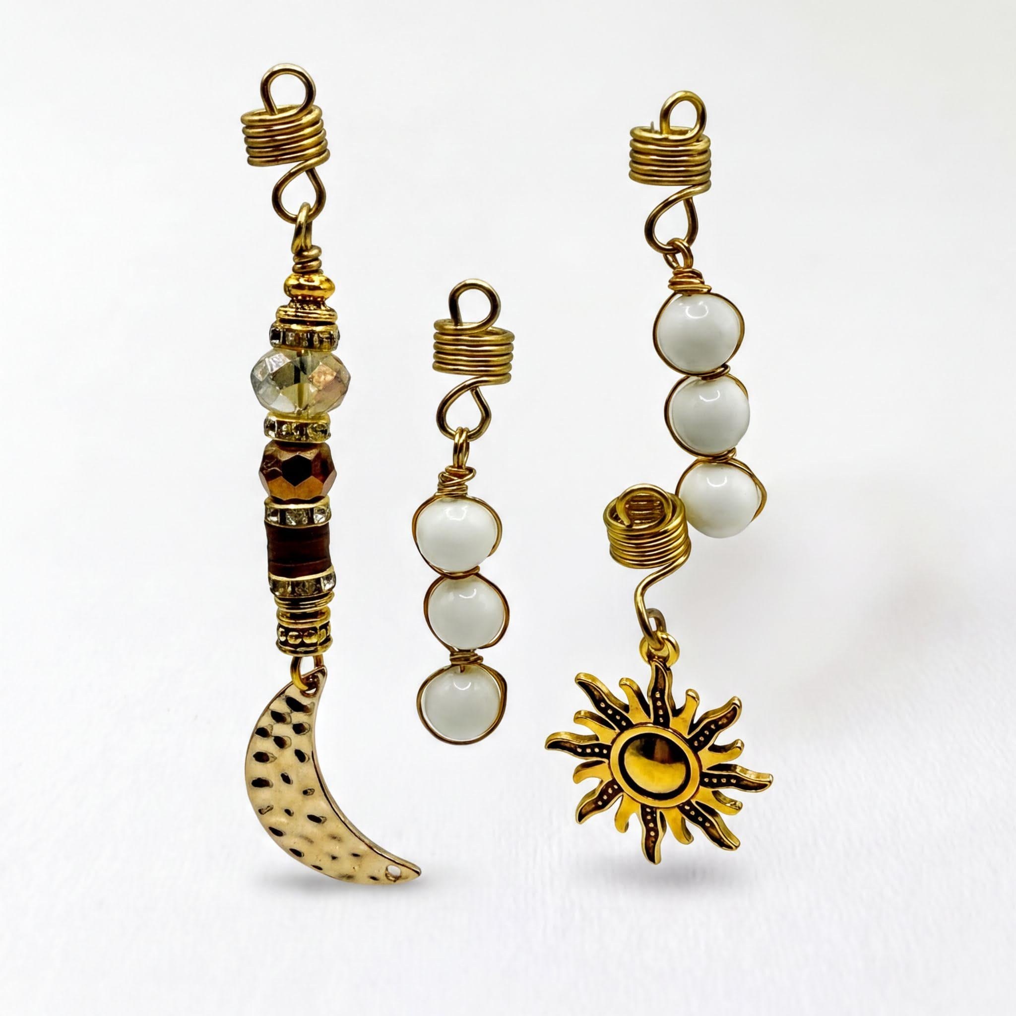 Gold wire moon and sun loc cuffs with crystal accents