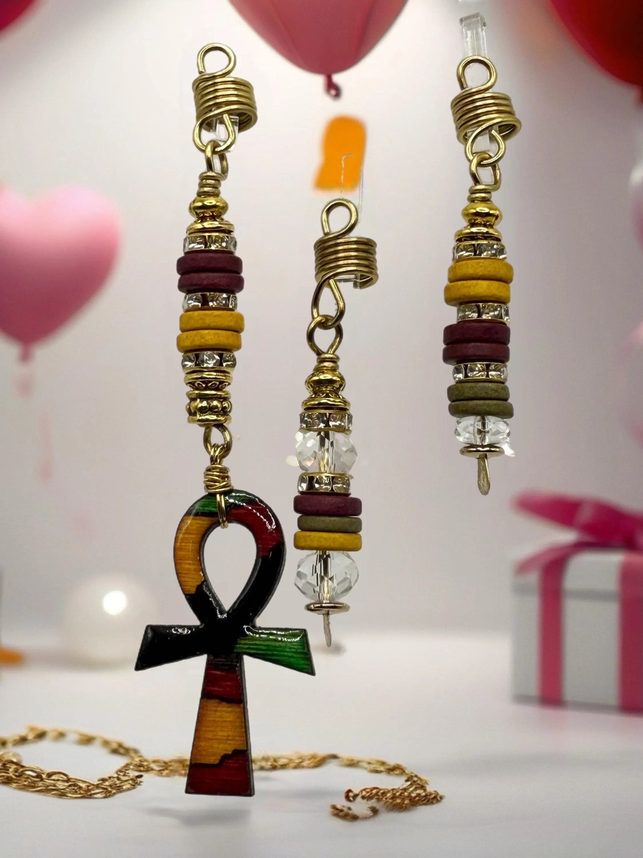 Colorful ankh loc cuffs with wood and glass details