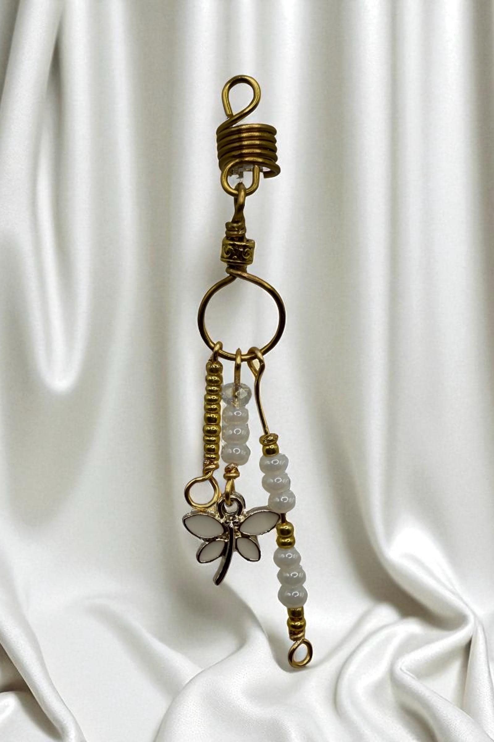 Gold wire and pearl dragonfly loc hair charm