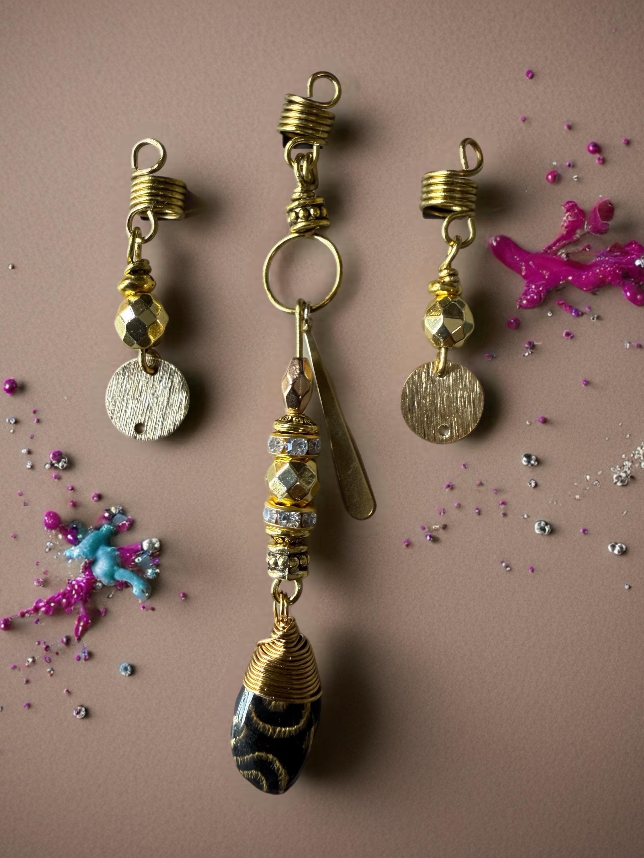 Handmade black and gold loc jewelry set with Afrocentric detail