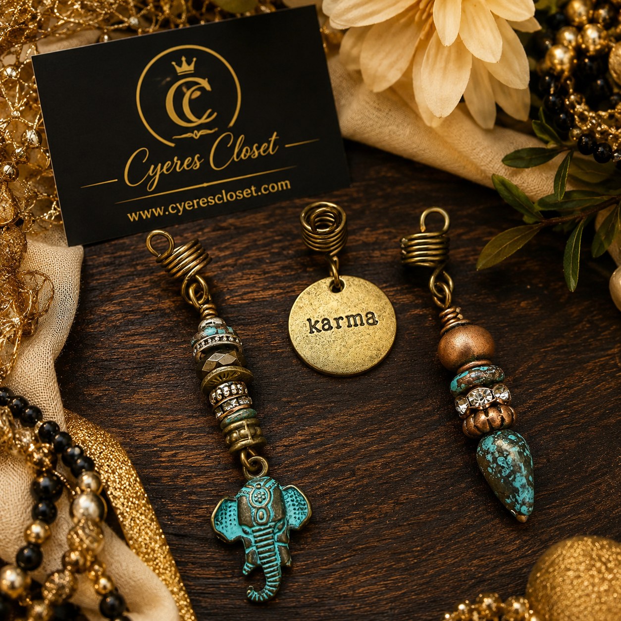 Three-piece elephant charm set for locs and braids