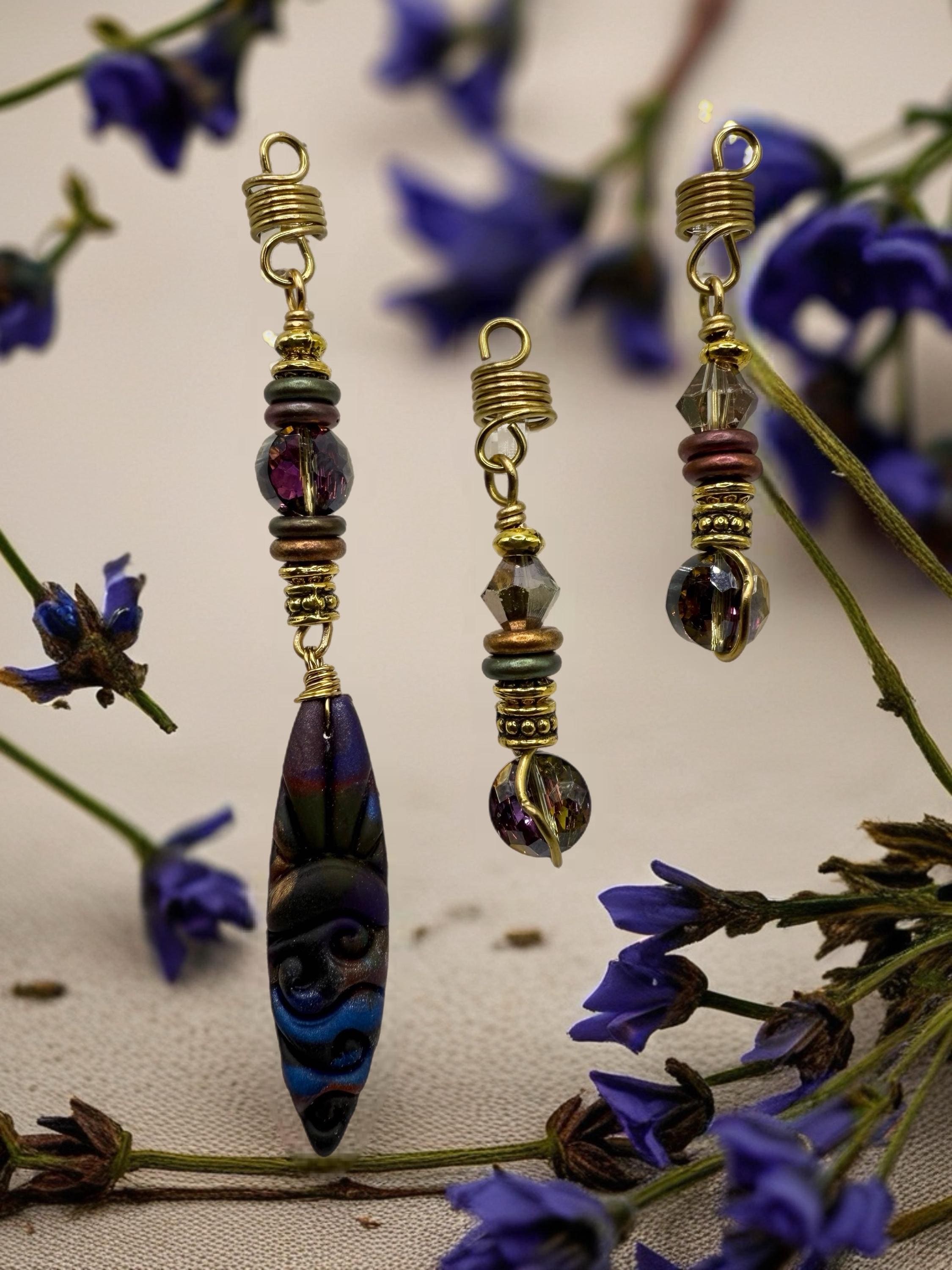 Jewel-toned handmade hair charm set for locs and braids