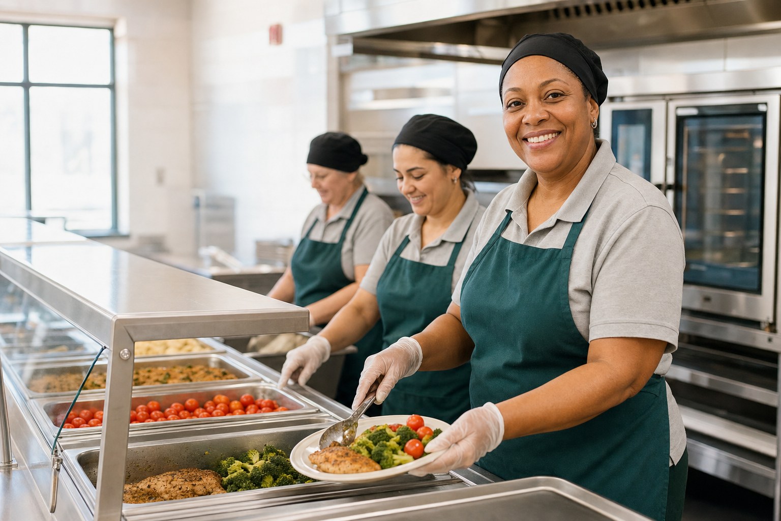 School nutrition staff serving lunch from a commercial cafeteria line