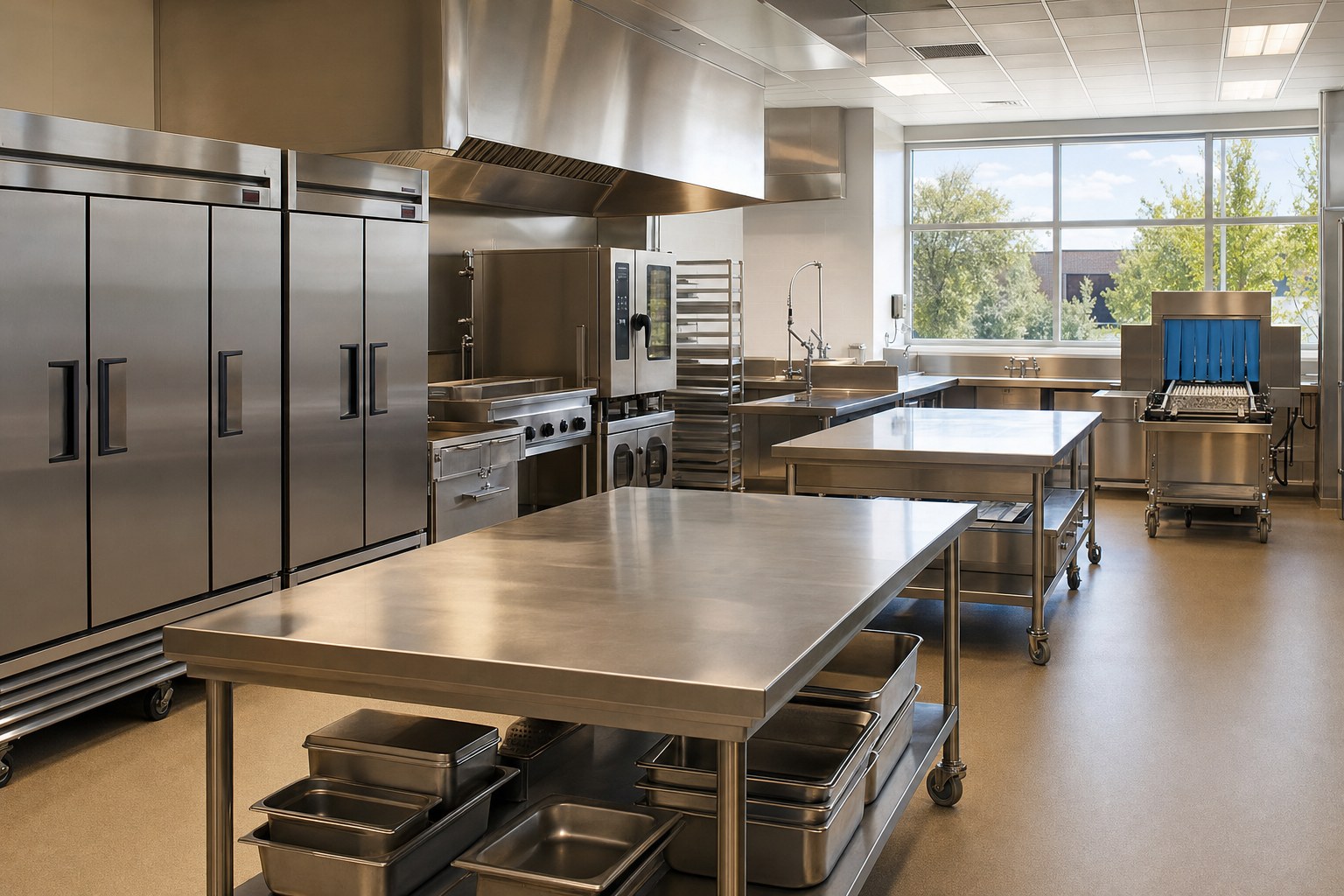 Newly equipped commercial school kitchen