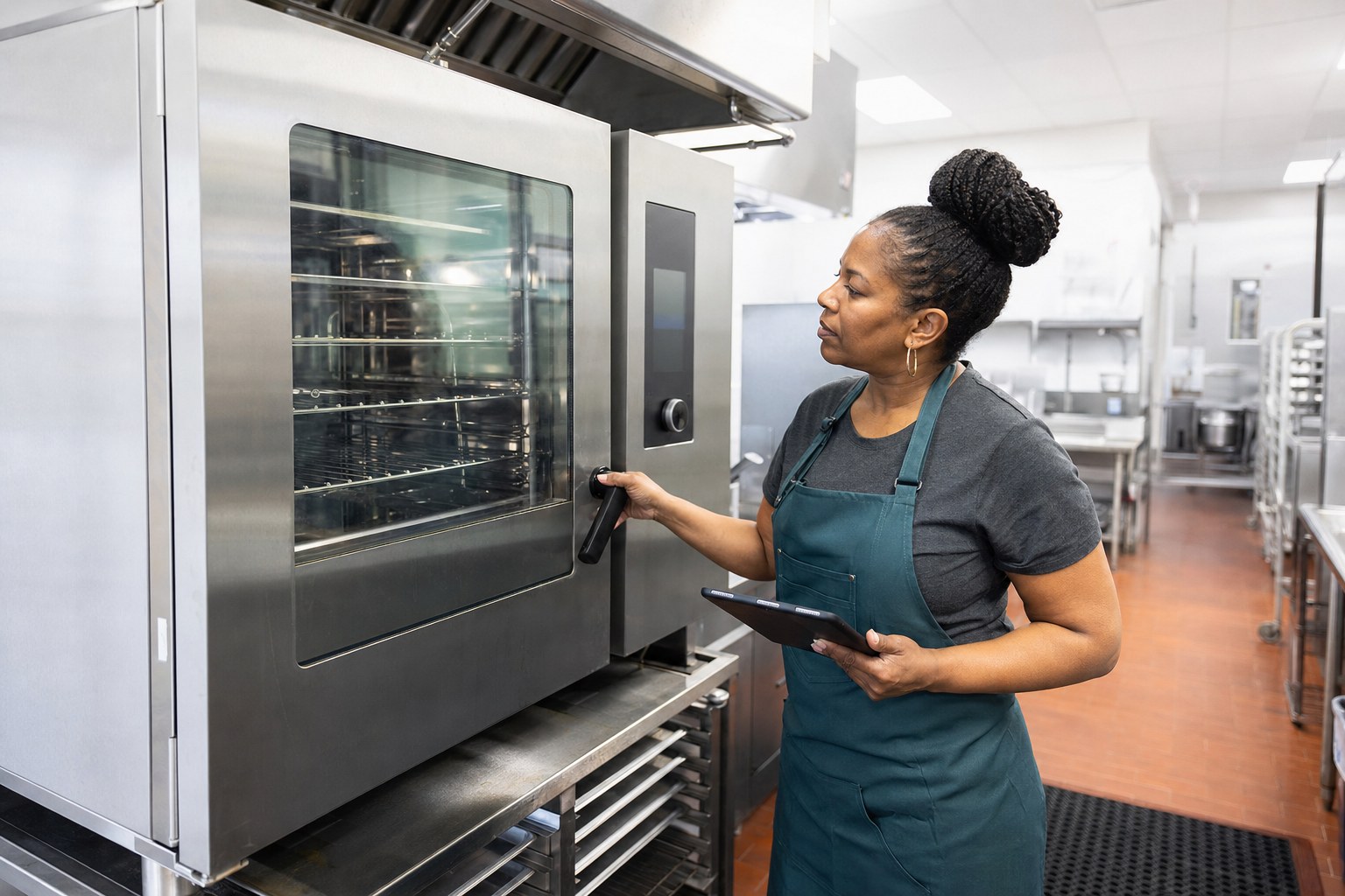 Foodservice professional inspecting a commercial convection oven