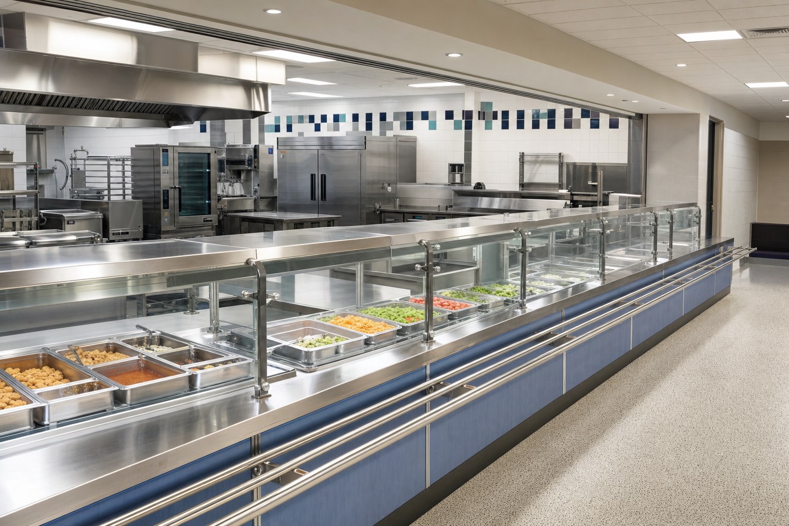 Modern school cafeteria serving line with stainless equipment