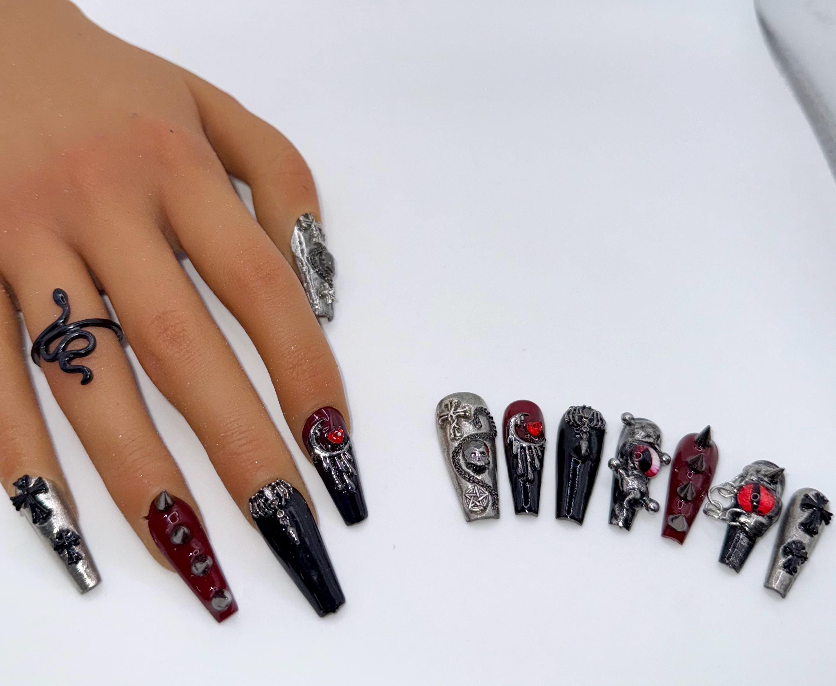 Goth Princess press-on nails with dark textured artwork