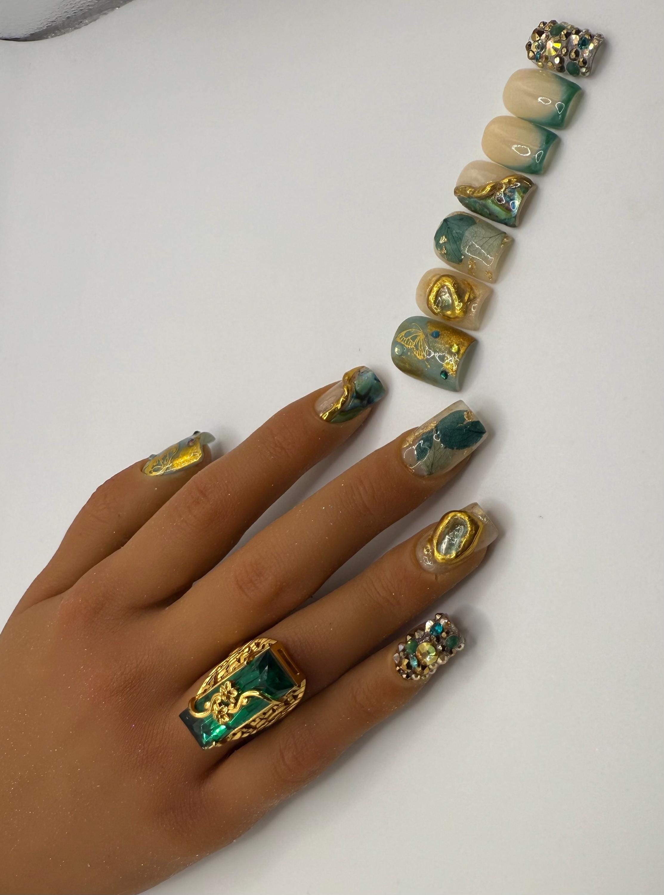 Emerald Goddess Press-On Nails: Jade Green Gold Glam Freestyle Set (12 Piece), view 2