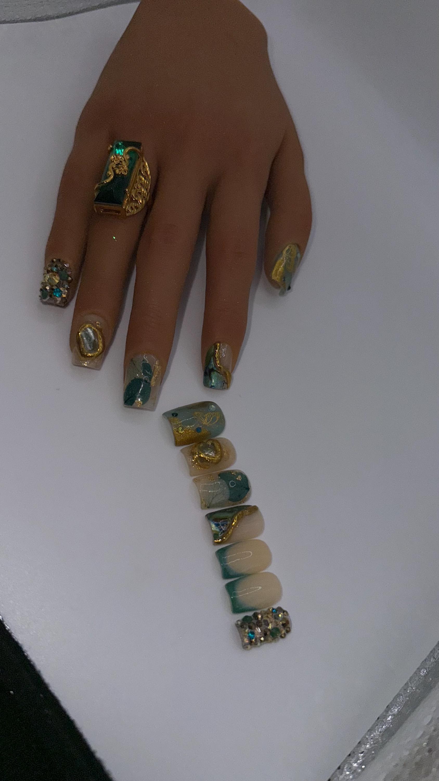 Emerald Goddess Press-On Nails: Jade Green Gold Glam Freestyle Set (12 Piece), view 3