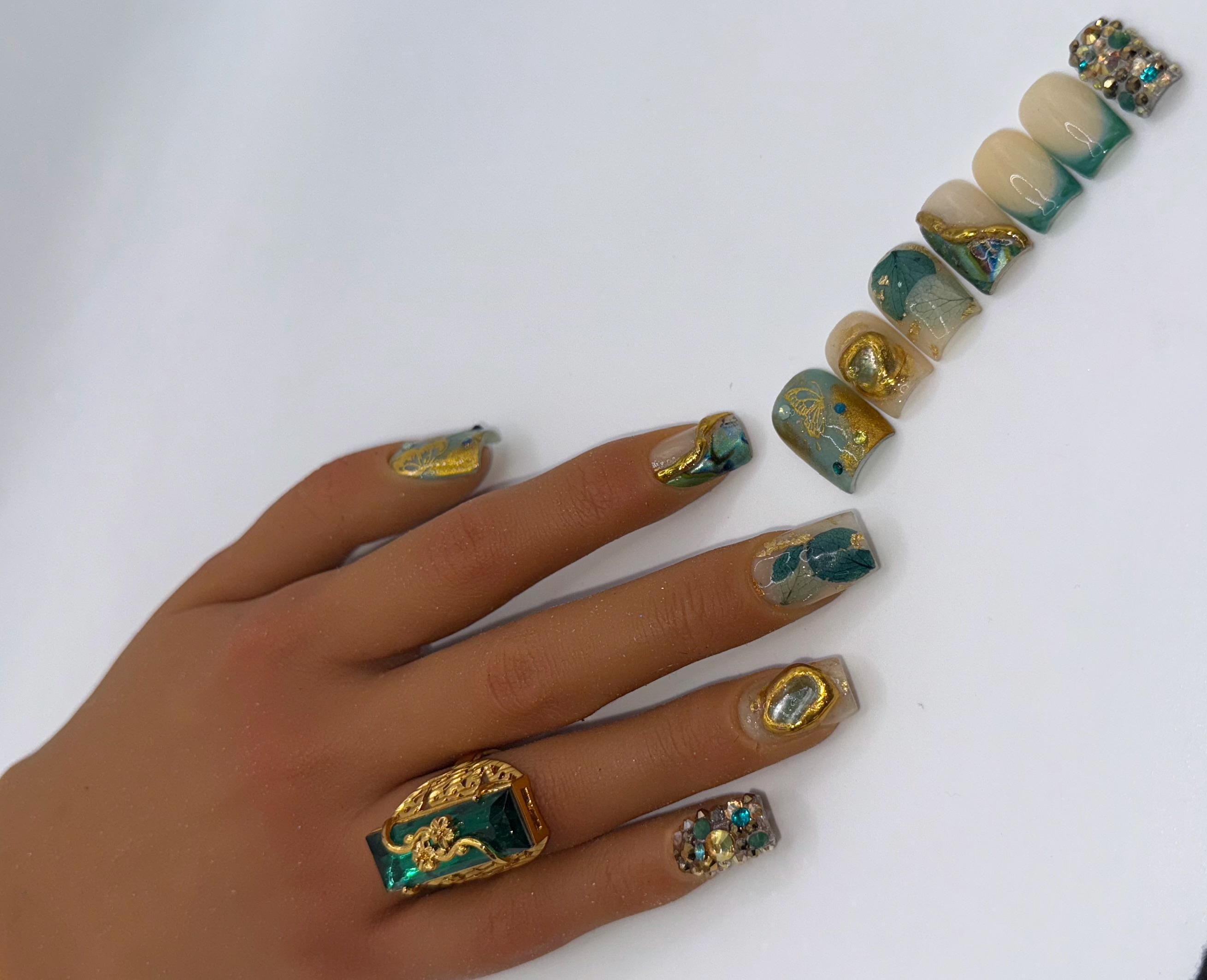 Emerald Goddess Press-On Nails: Jade Green Gold Glam Freestyle Set (12 Piece), view 4