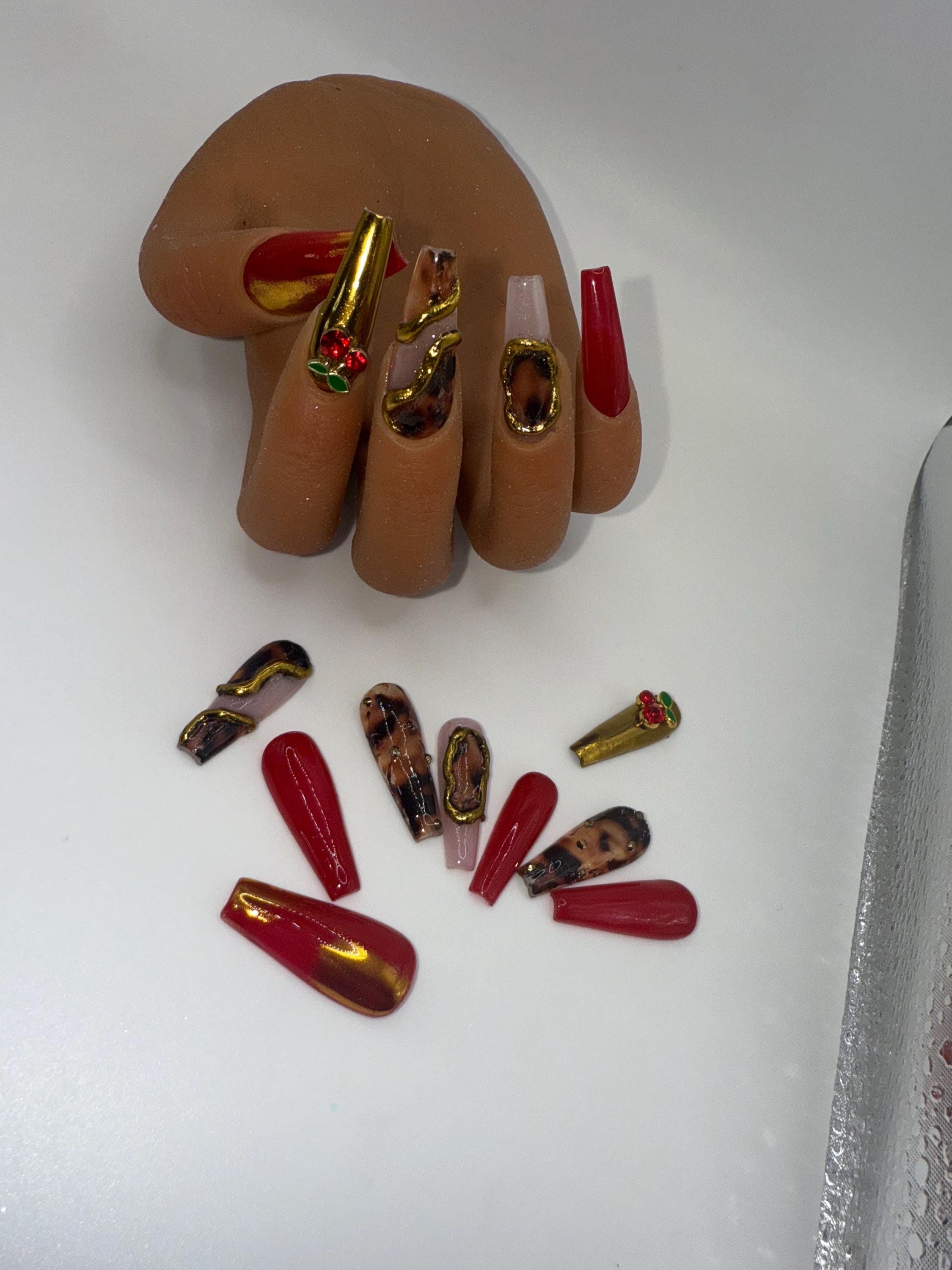 Red/Gold Coffin freestyle nails