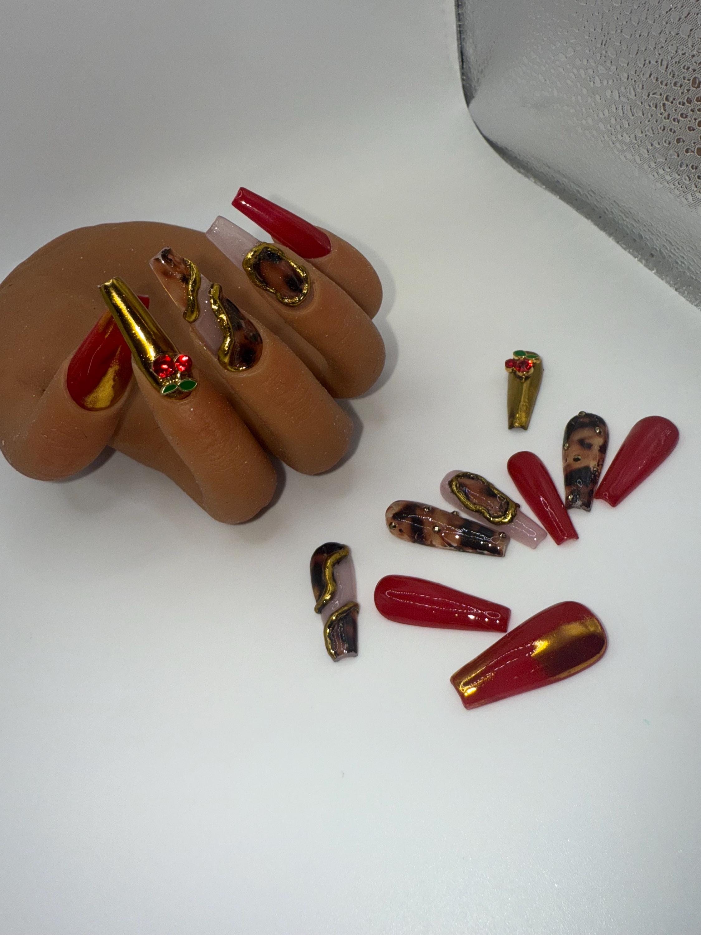 Red/Gold Coffin freestyle nails, view 2