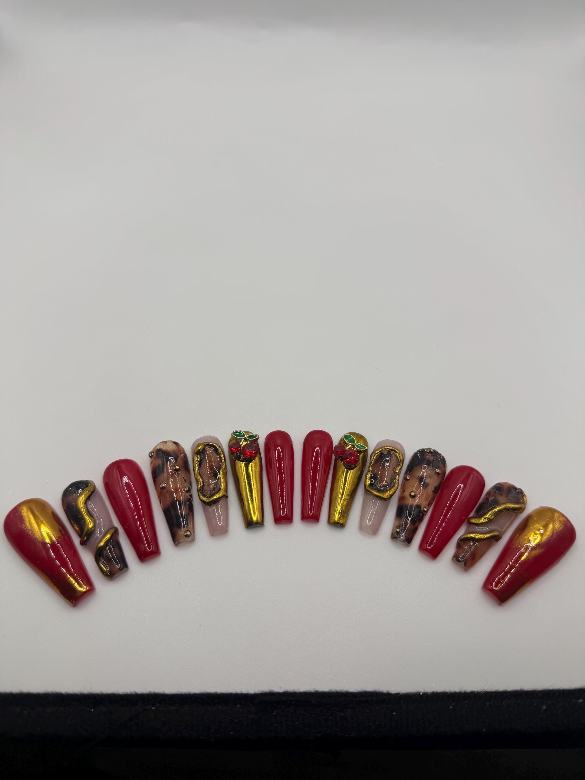 Red/Gold Coffin freestyle nails, view 3