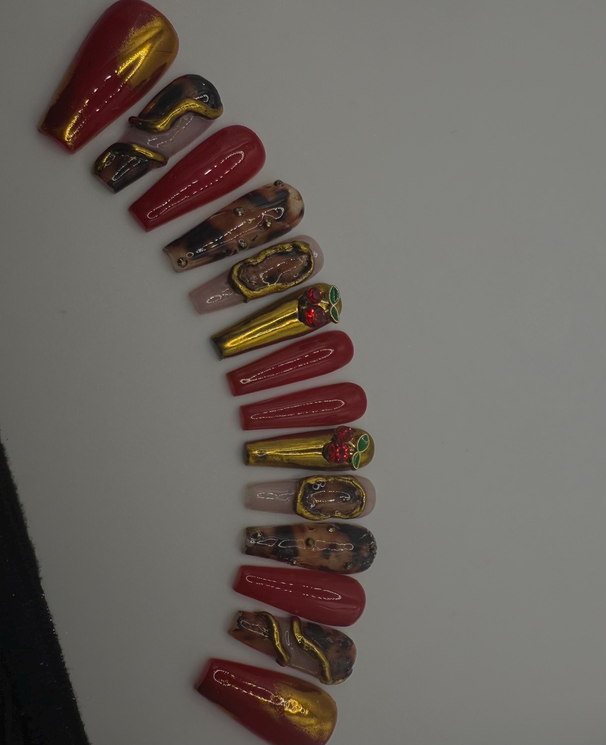 Red/Gold Coffin freestyle nails, view 4