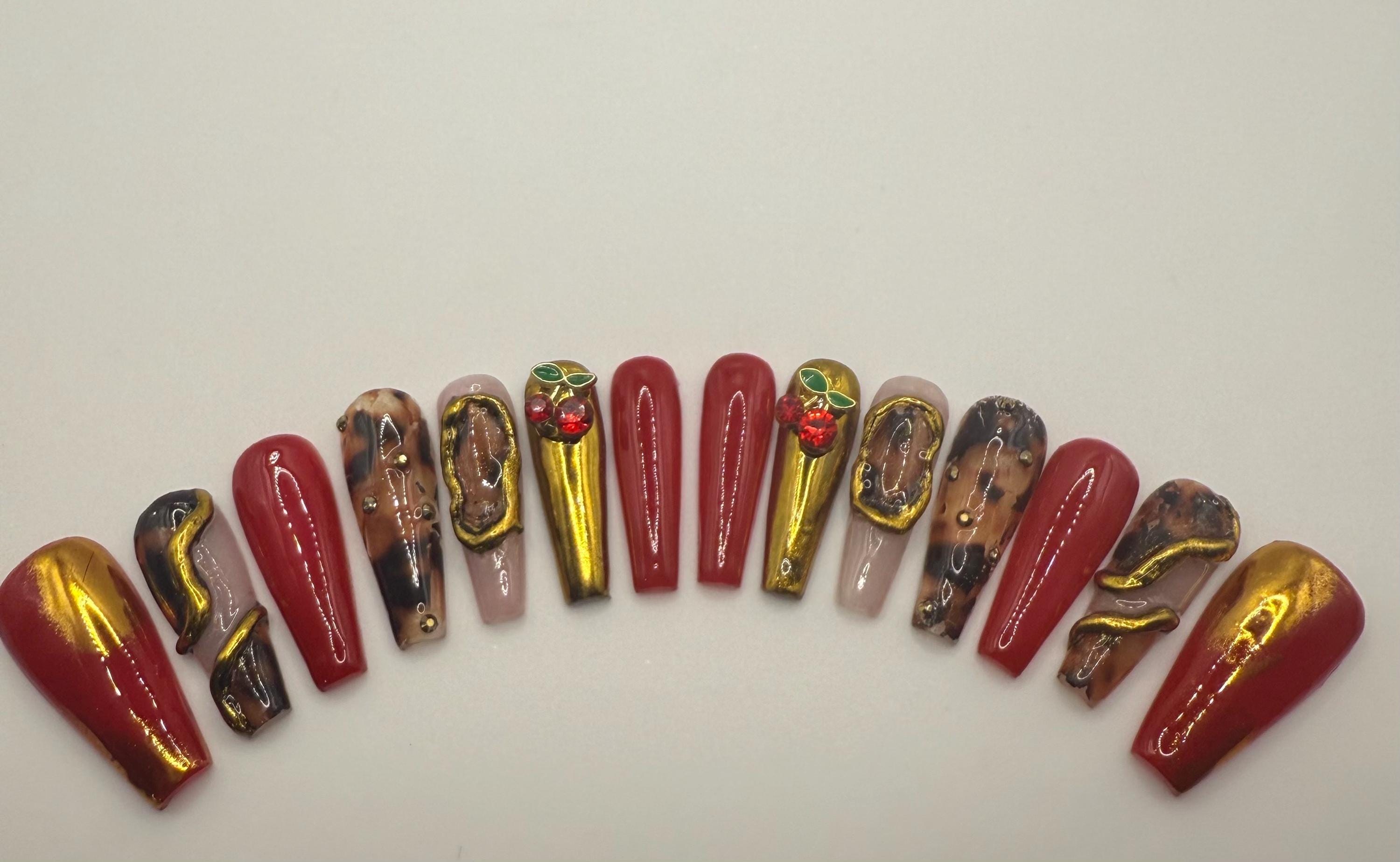 Red/Gold Coffin freestyle nails, view 5