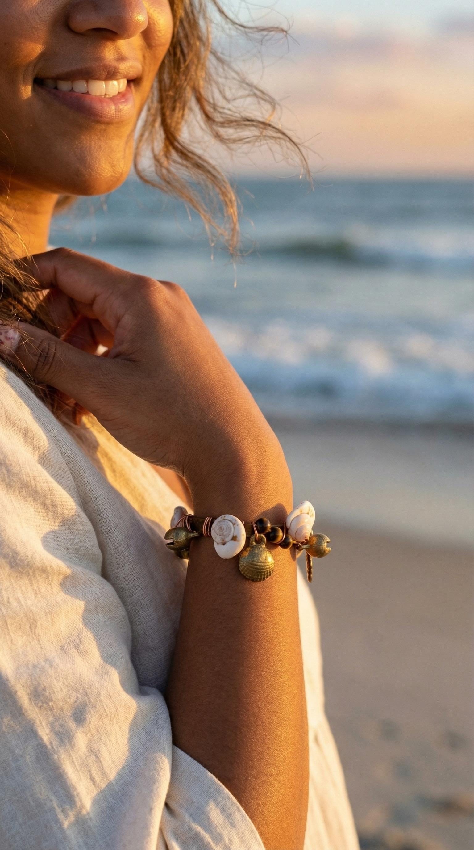 100% Copper tiger eye natural shell and Tibetan bell bracelet