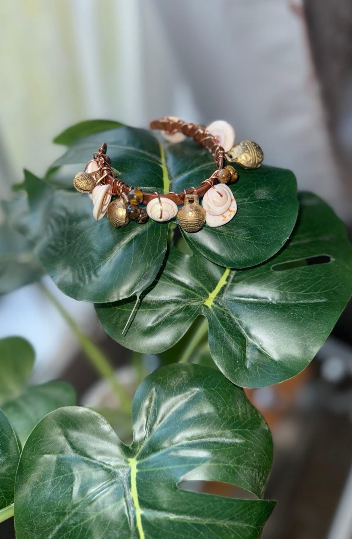 100% Copper tiger eye natural shell and Tibetan bell bracelet, view 2