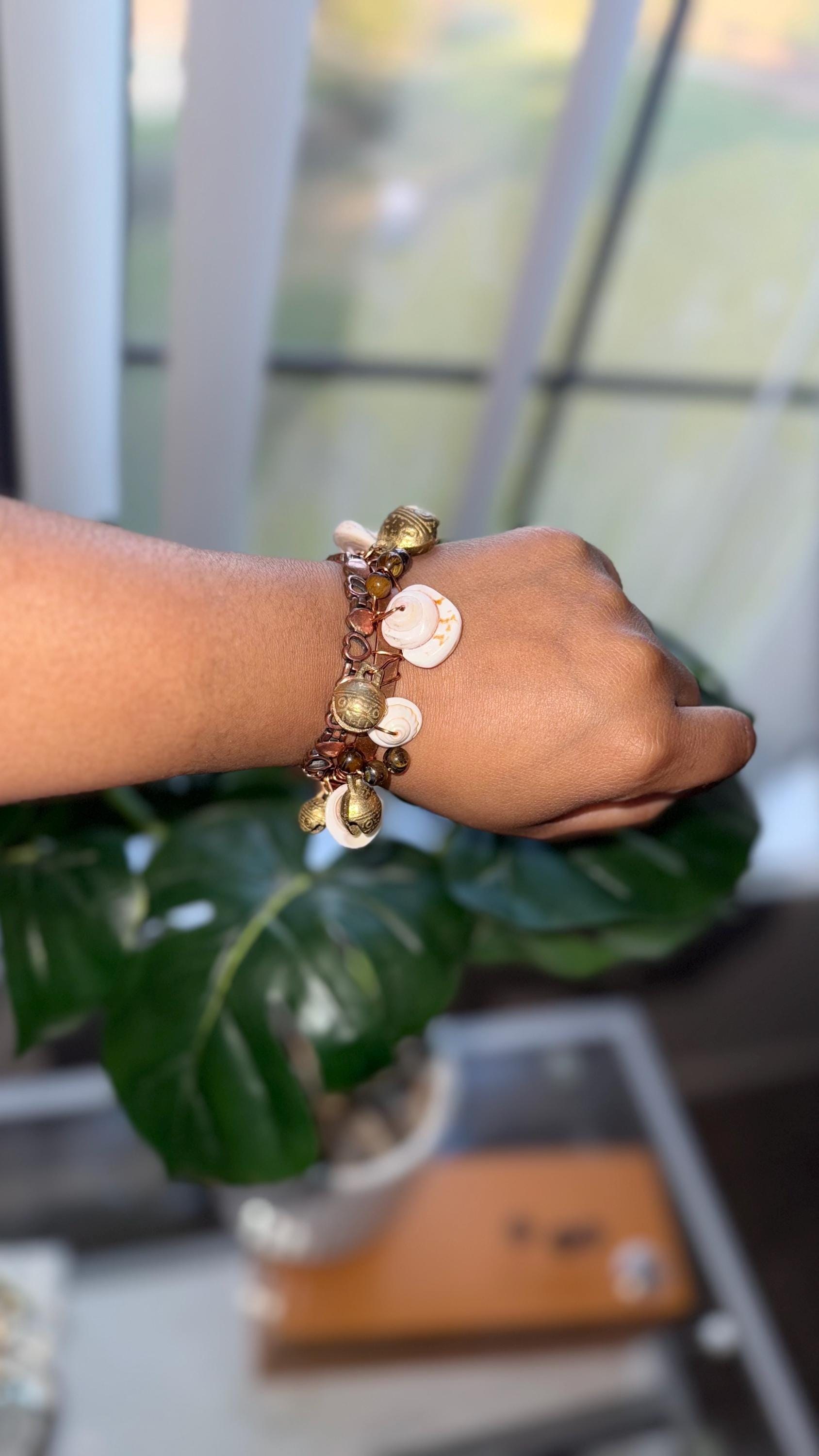 100% Copper tiger eye natural shell and Tibetan bell bracelet, view 3