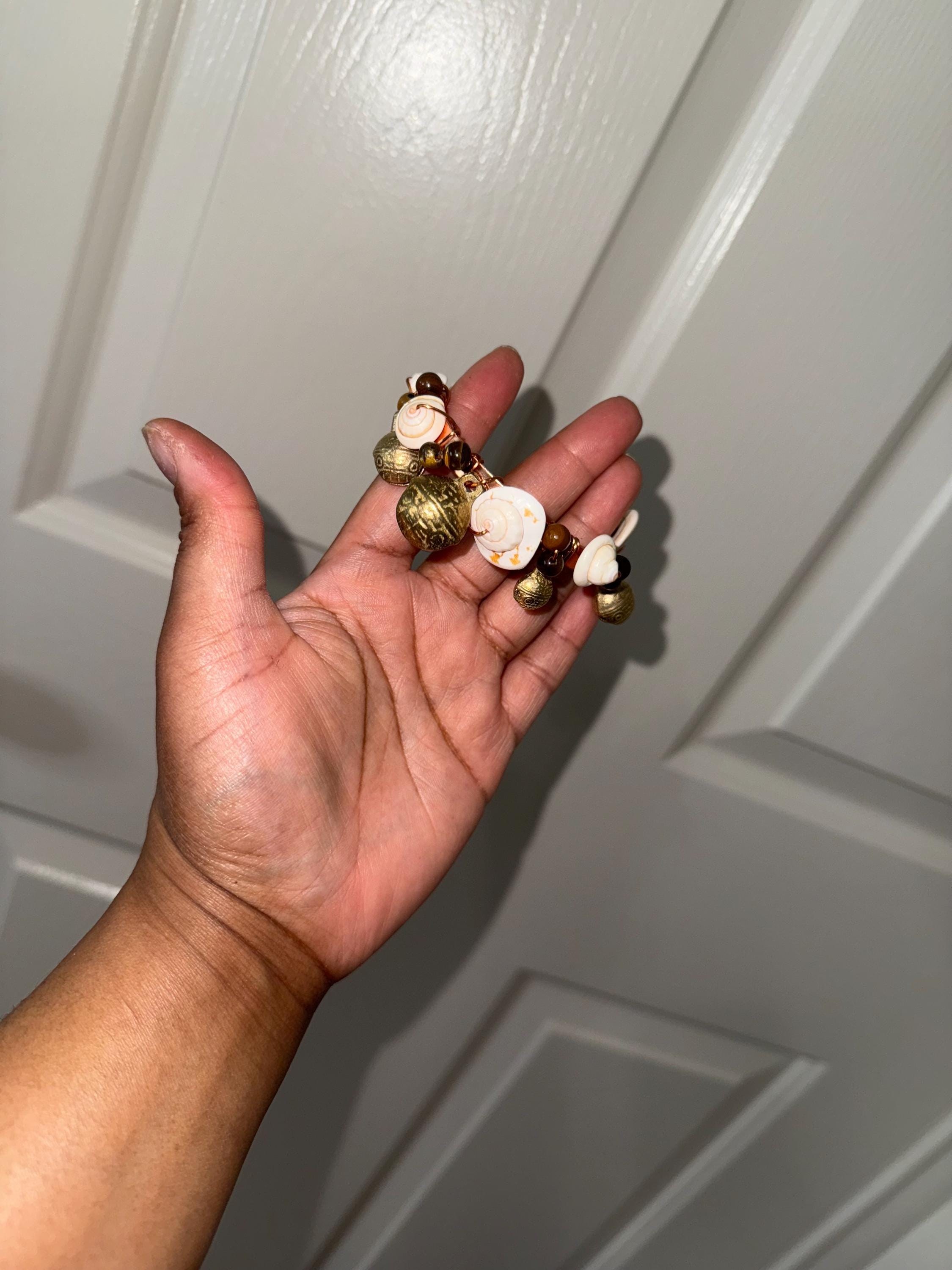 100% Copper tiger eye natural shell and Tibetan bell bracelet, view 4