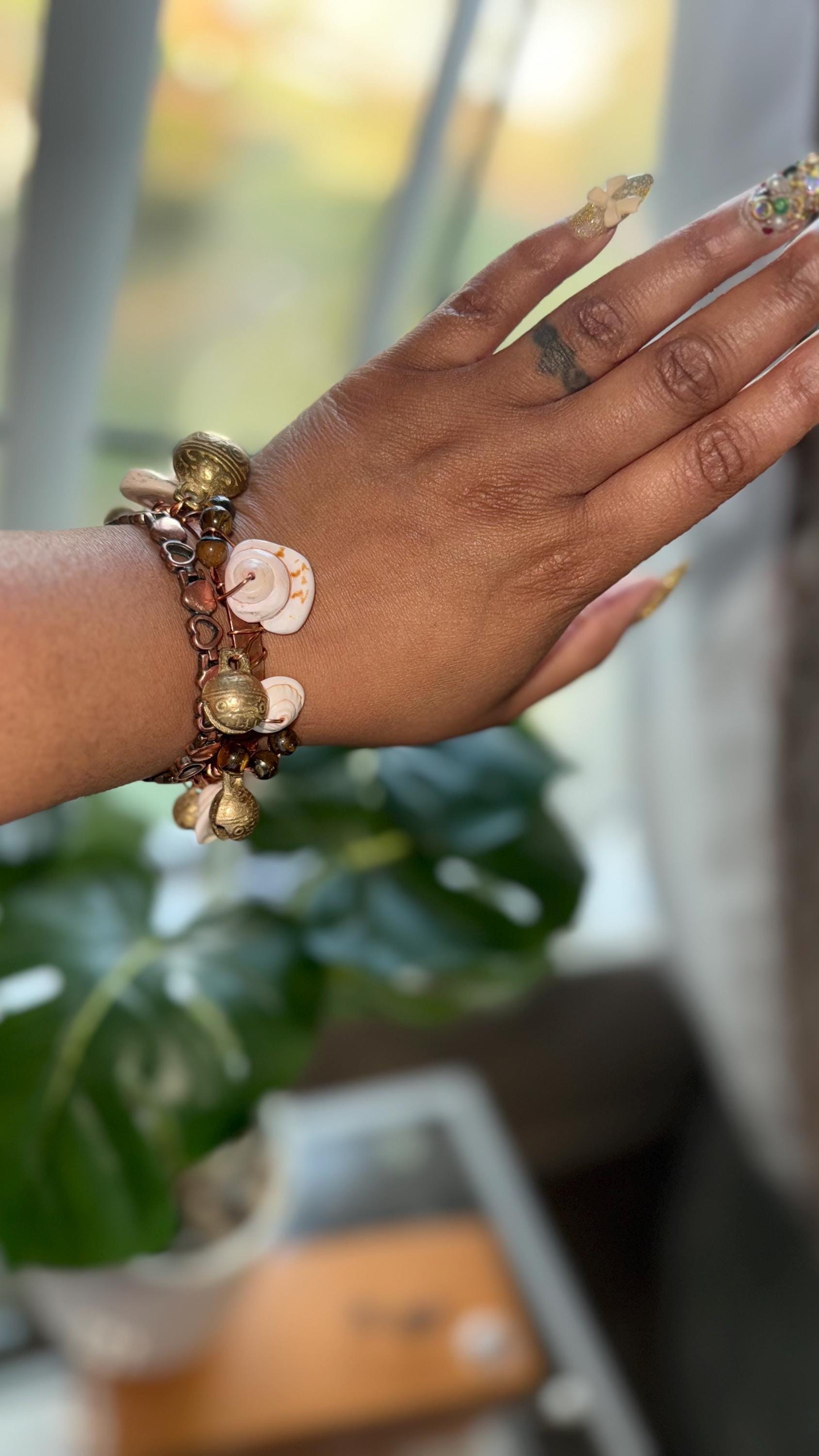 100% Copper tiger eye natural shell and Tibetan bell bracelet, view 5